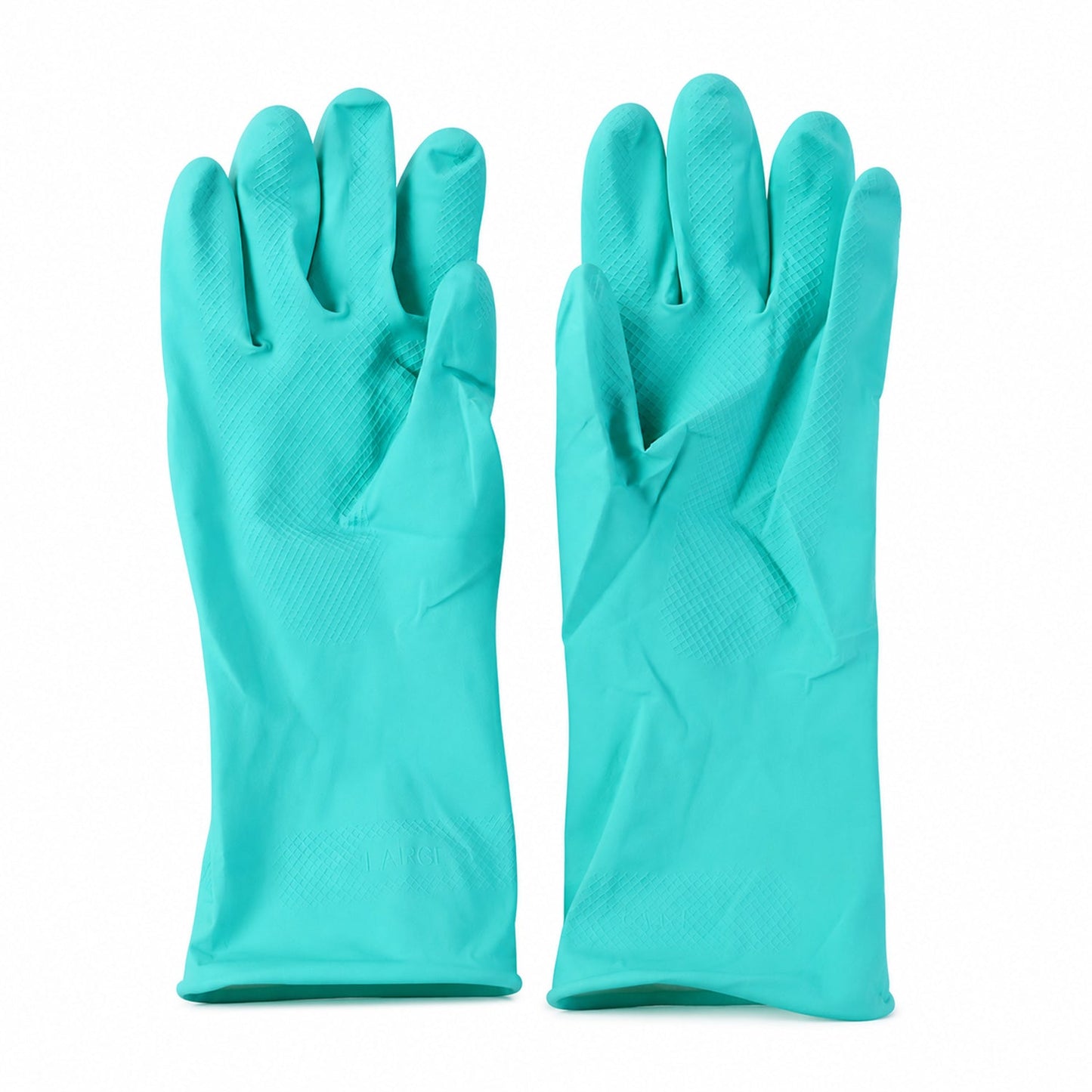 Two large teal rubber gloves with textured palms are displayed side-by-side on a white background.
