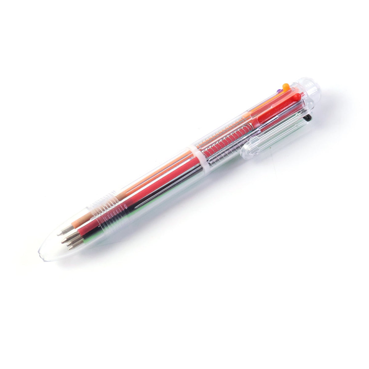 A clear 6-in-1 multicolor ballpoint pen with visible red, black, green, and blue ink cartridges is positioned diagonally on