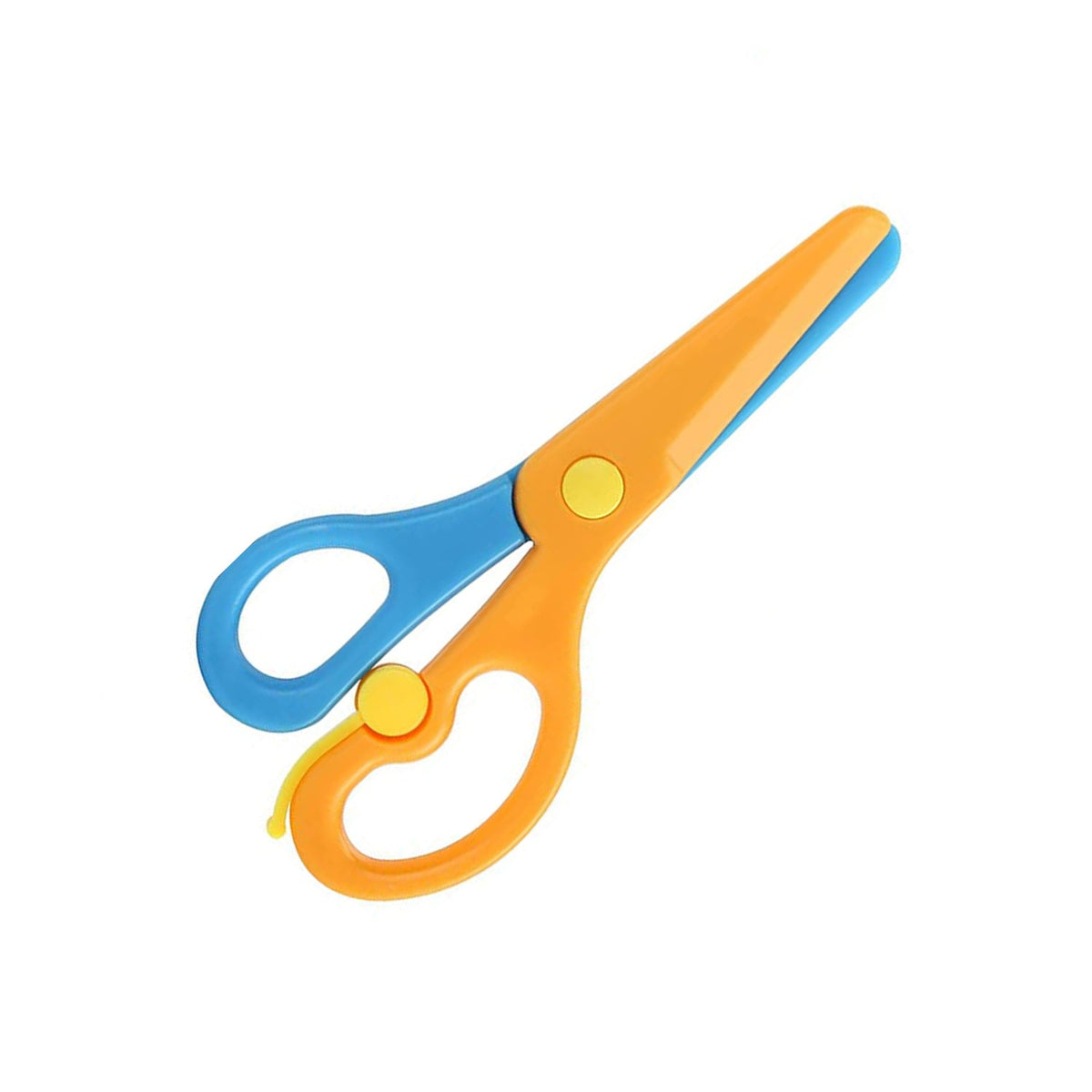 A single pair of blue and orange plastic scissors with yellow accents, isolated on a white background.