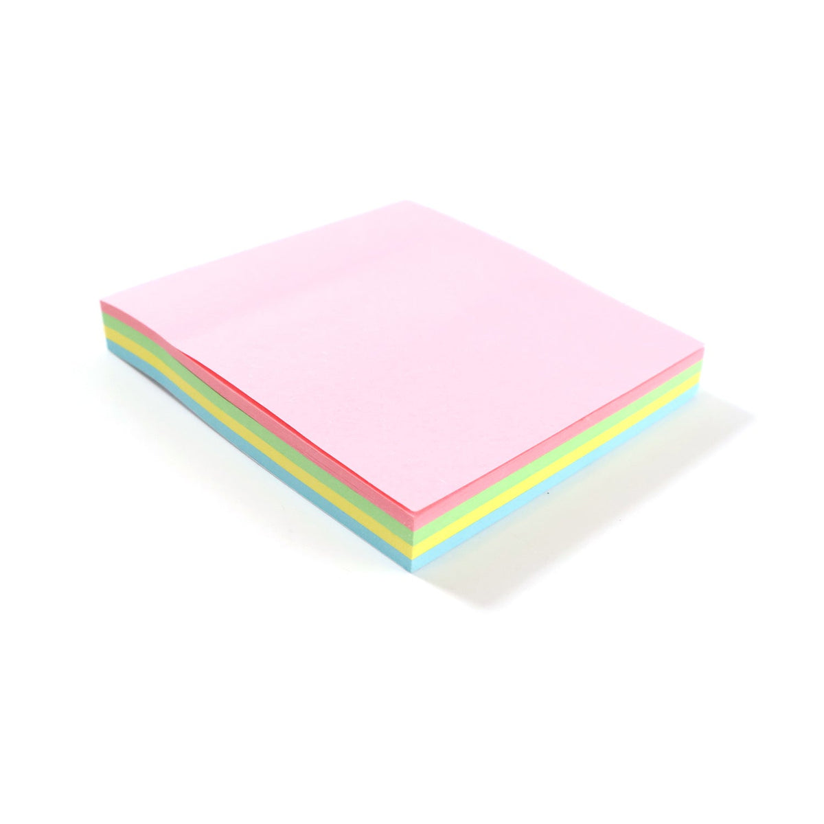 A stack of pink, yellow, green, and blue sticky notes casting a shadow on a white background.
