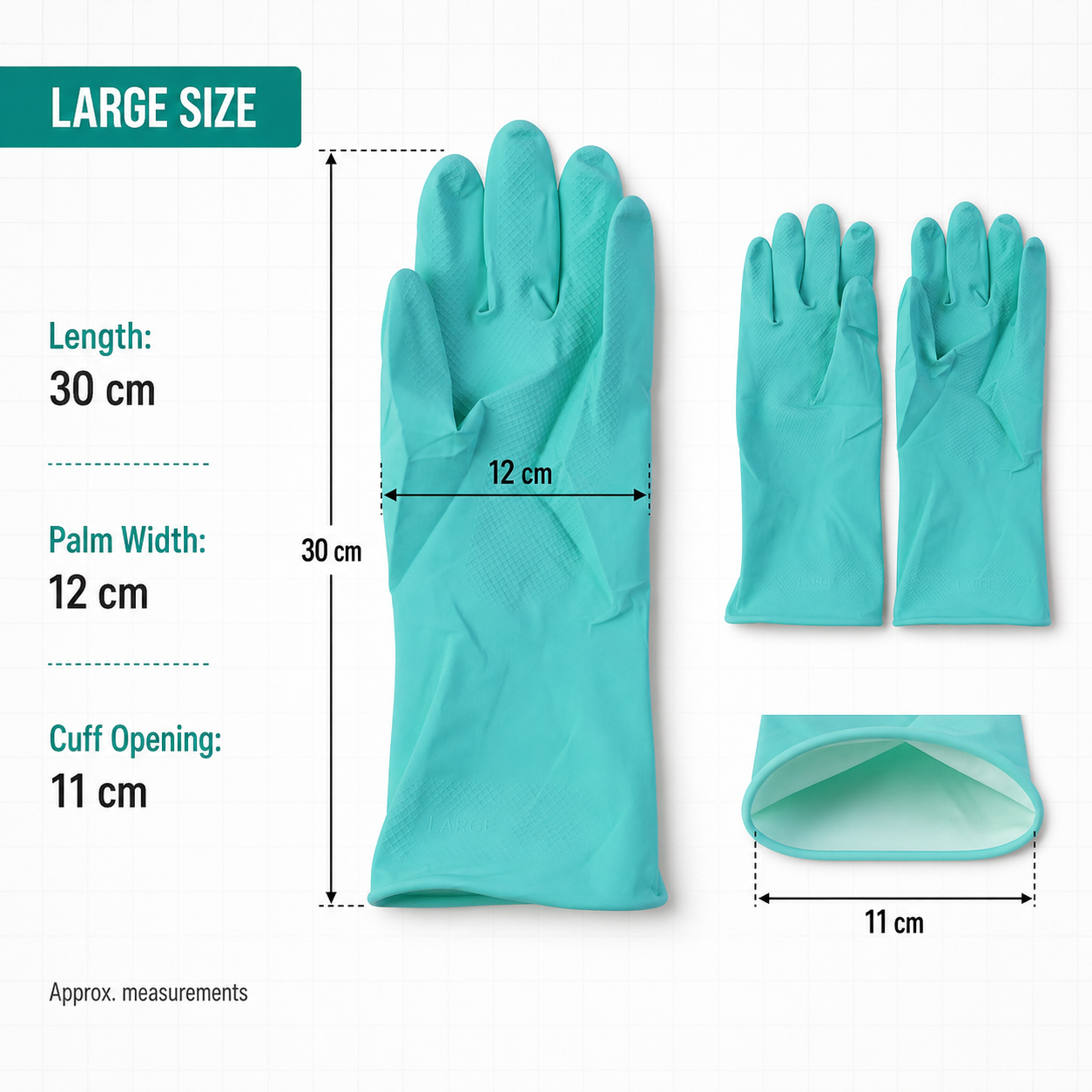 A teal rubber glove is shown with measurements for length, palm width, and cuff opening, alongside smaller images of the