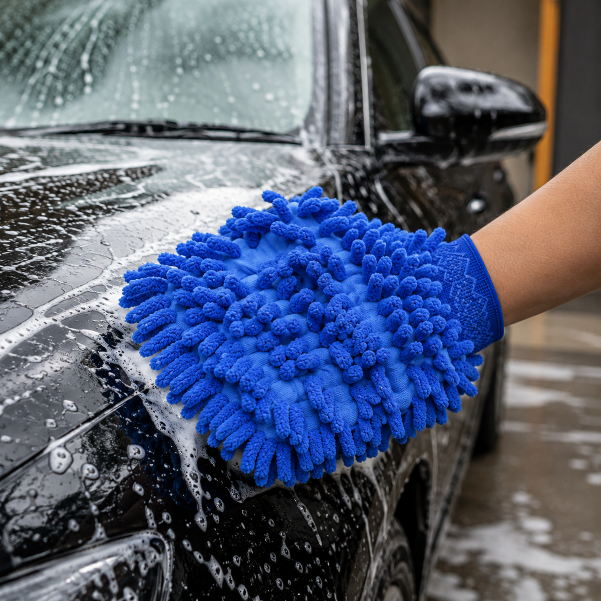A hand wearing a blue microfiber wash mitt cleans a black car with white soap suds.