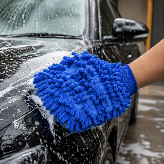 A hand wearing a blue microfiber wash mitt cleans a black car with white soap suds.