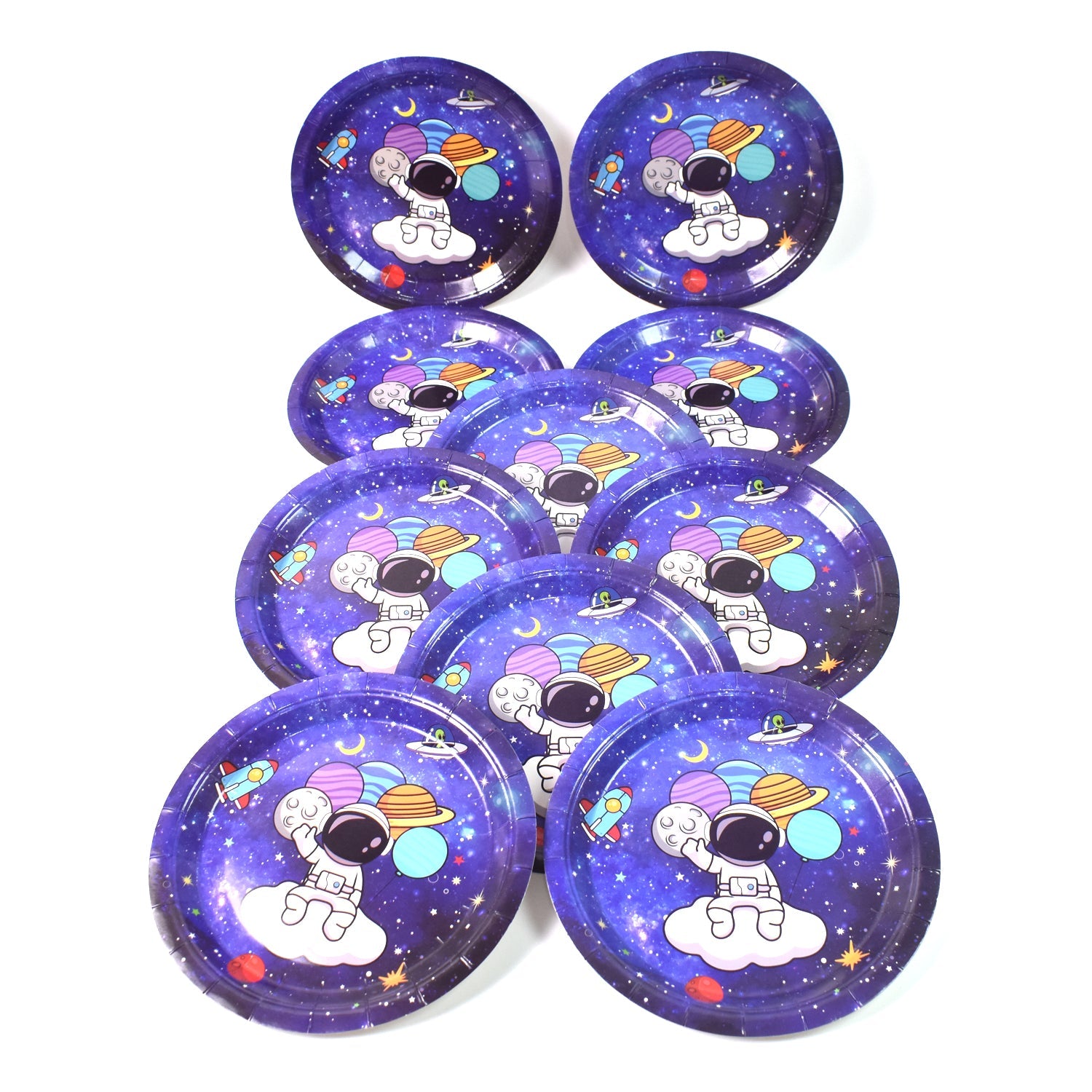 Ten purple paper plates with a cartoon astronaut and planets, arranged in rows on a white background.