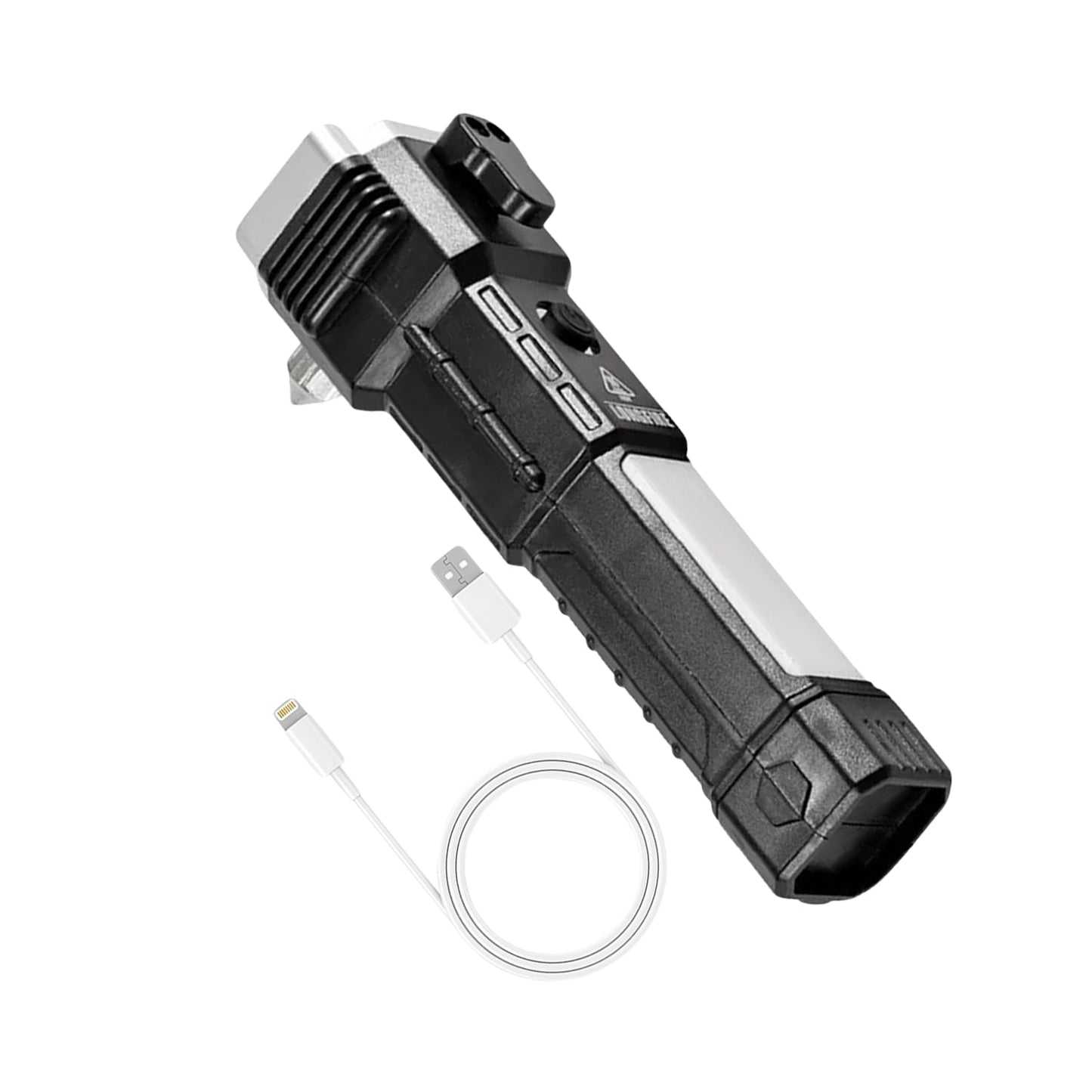Black and silver multi-tool flashlight with a white USB charging cable coiled on a white background.