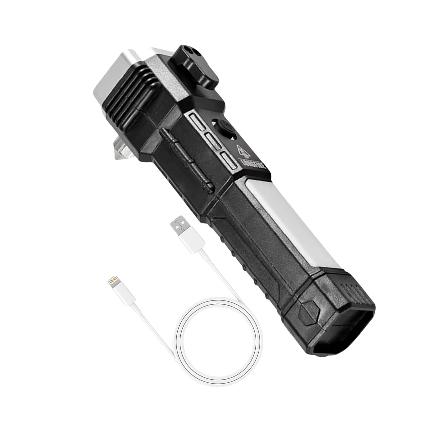 Black and silver multi-tool flashlight with a white USB charging cable coiled on a white background.