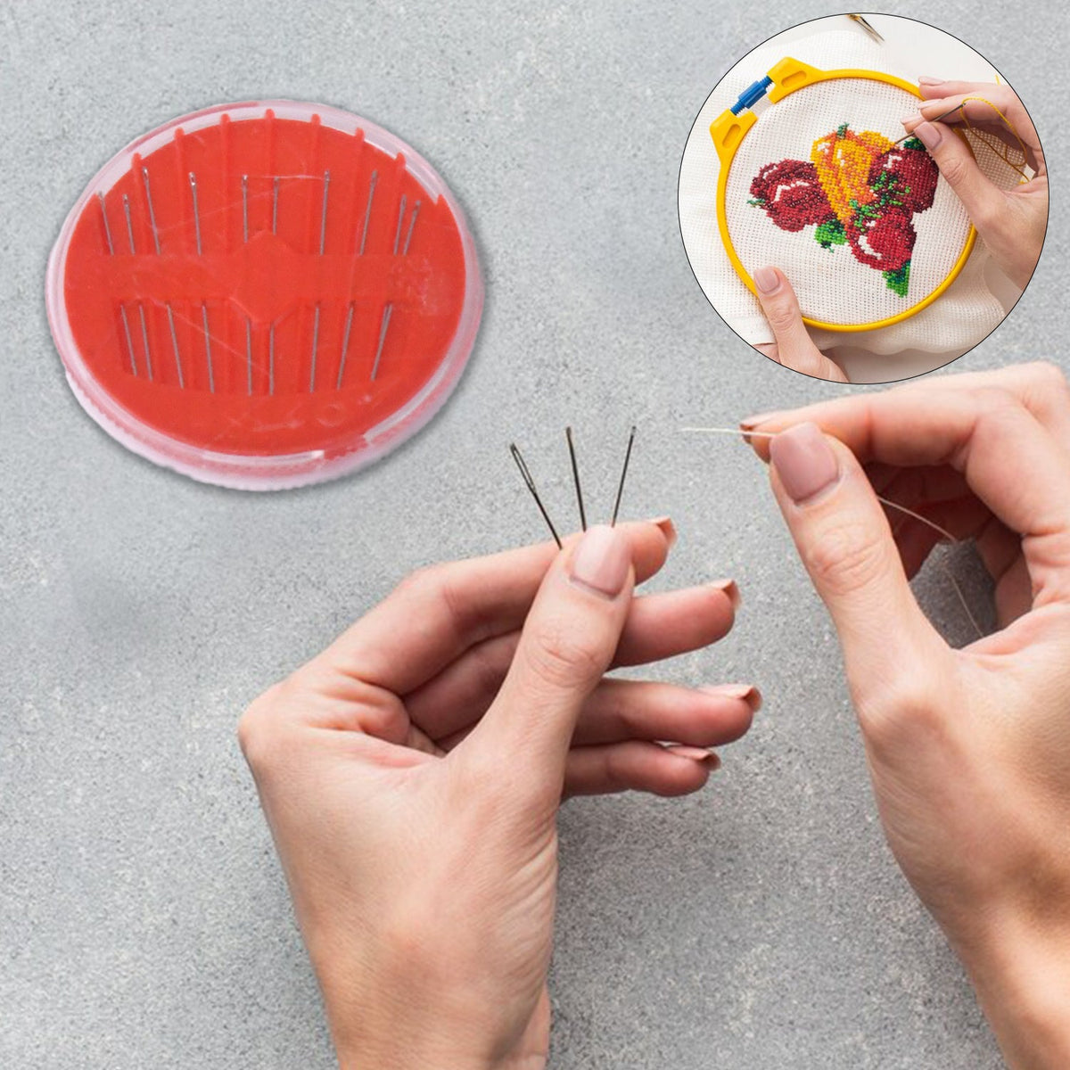 Hands threading a needle, with a red needle disc nearby and an inset showing embroidery work.