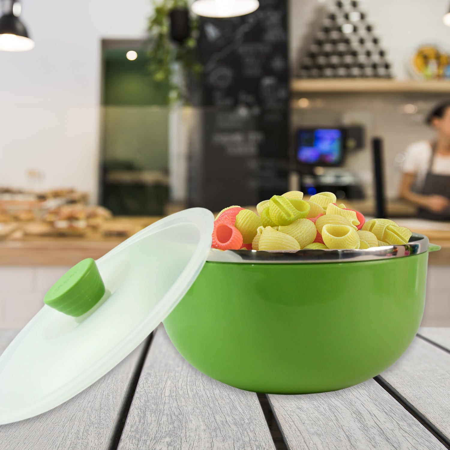 Plastic serving bowl ideal for meal preparation and food storage with lid