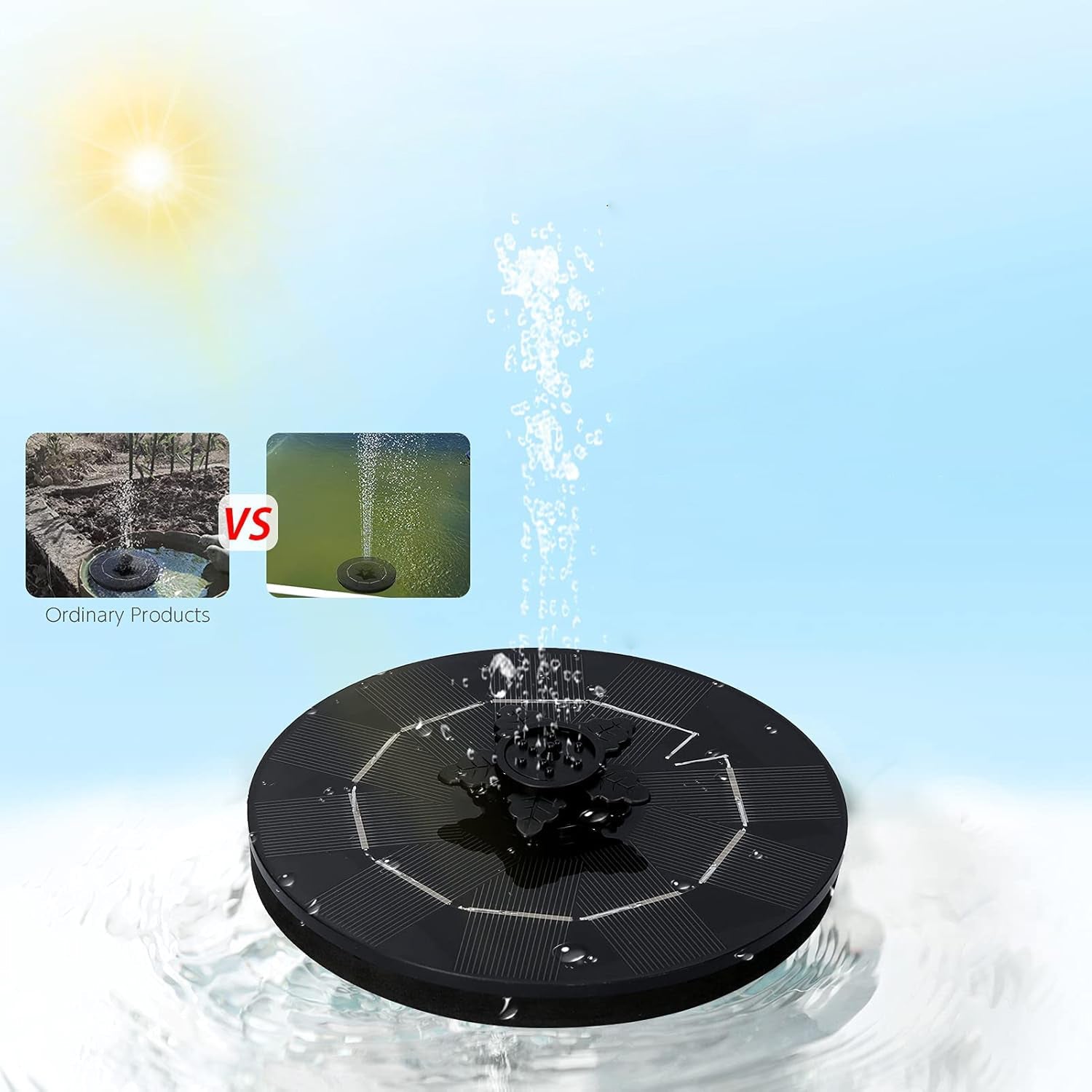 Solar fountain pump floating on water, providing automatic operation