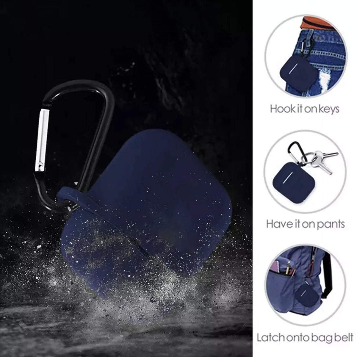 A navy blue silicone earbud case with a carabiner is shown with text explaining how to hook it on keys, pants, or a bag.