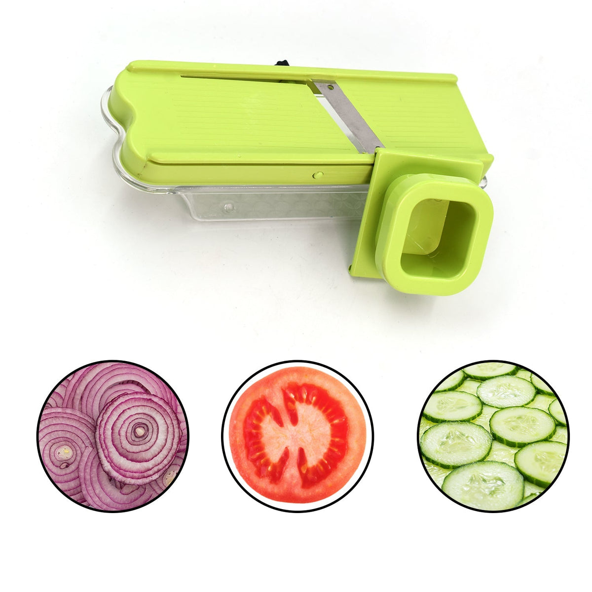 A green plastic slicer with a clear base is shown with circular insets of sliced red onion, tomato, and cucumber.