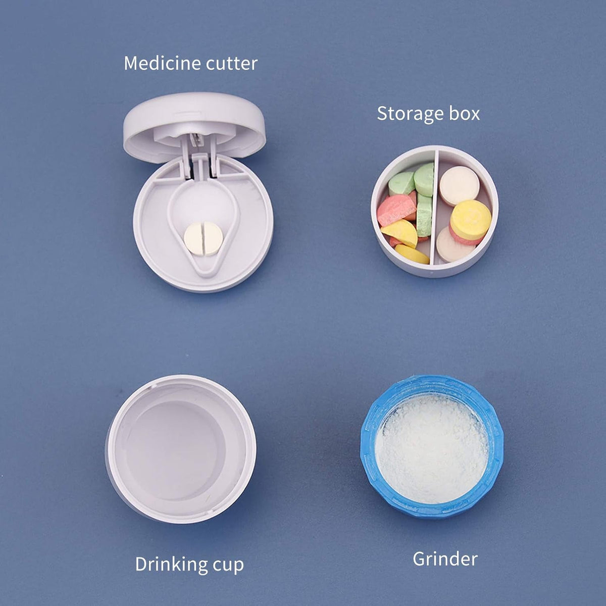 Four separate components of the pill device: cutter, storage box, drinking cup, and grinder.