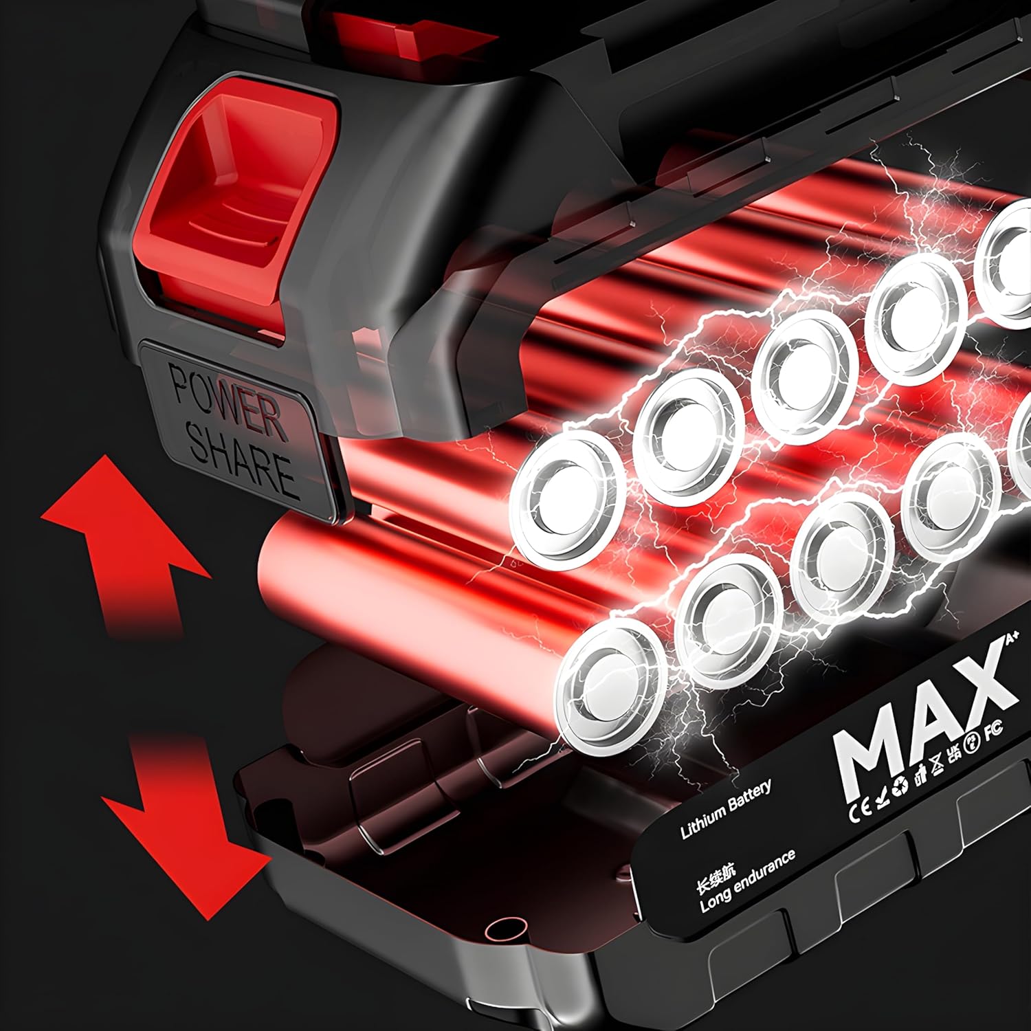 Close-up of the black and red battery pack, showing an internal diagram of red cylindrical lithium batteries with lightning