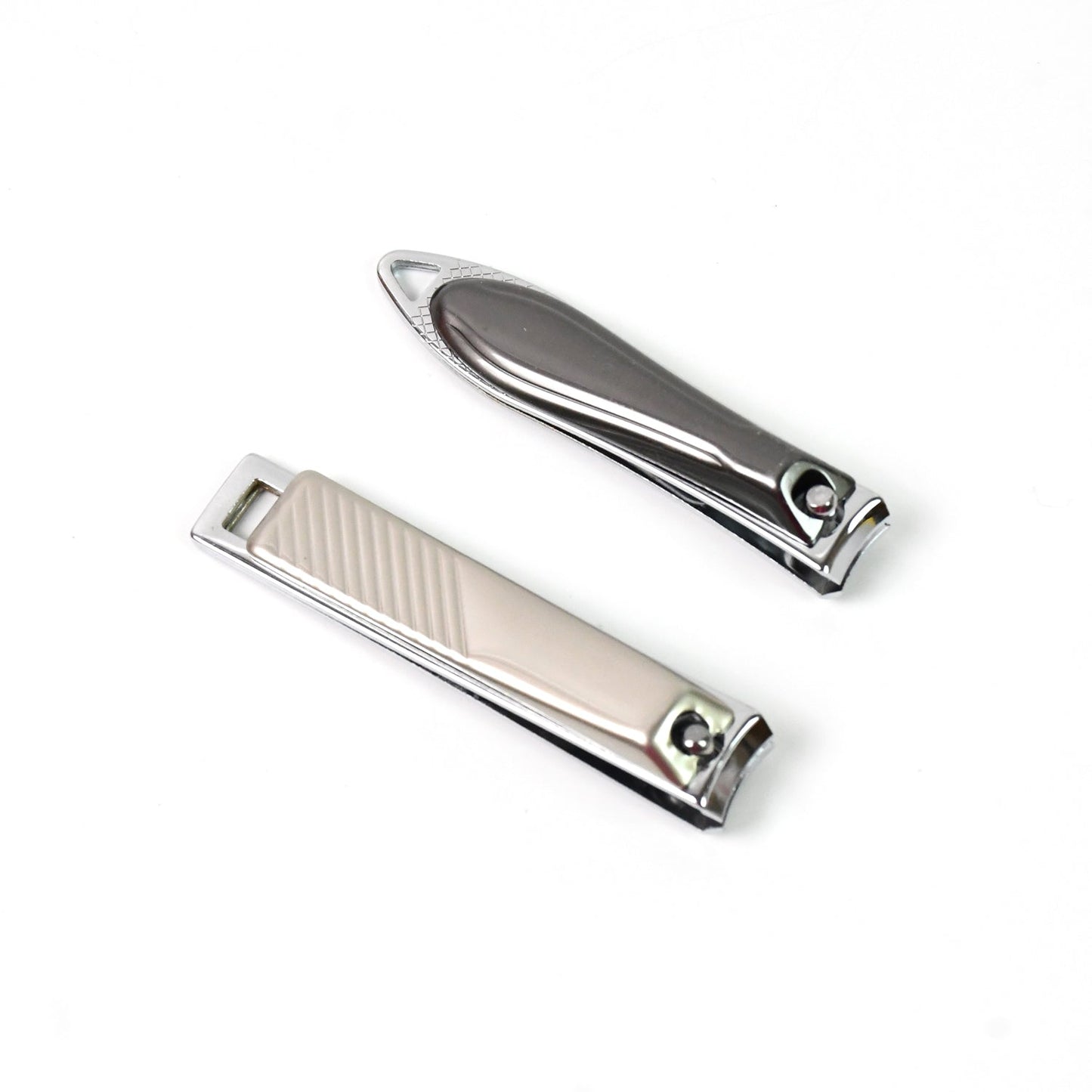 Two stainless steel nail clippers, one dark grey and one silver, on a white background.