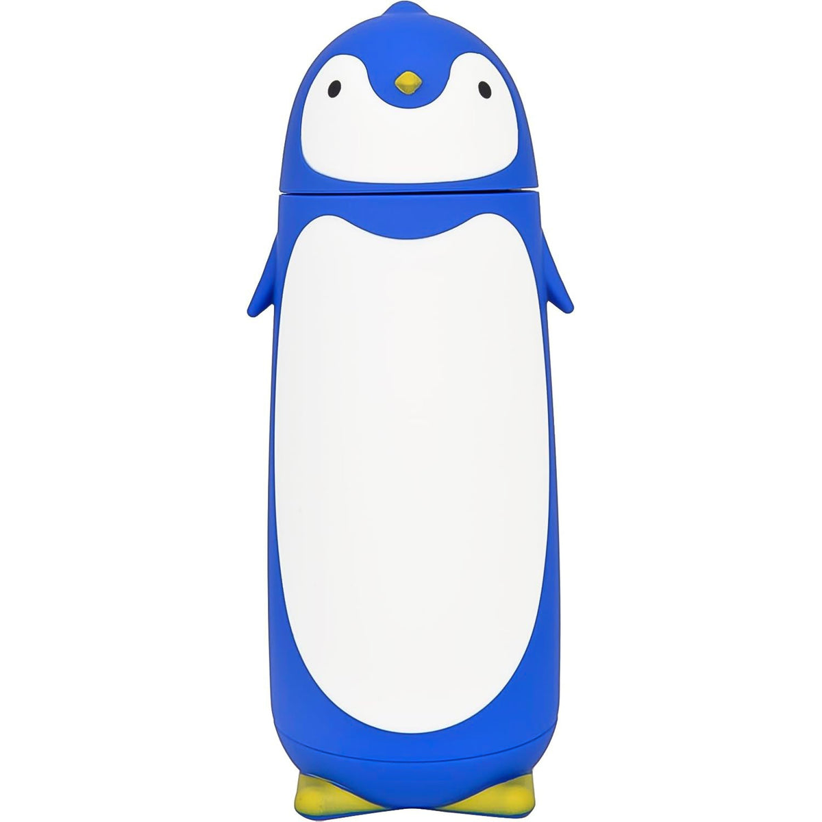 Front view of a blue and white penguin-shaped water bottle with yellow feet and a cute face.
