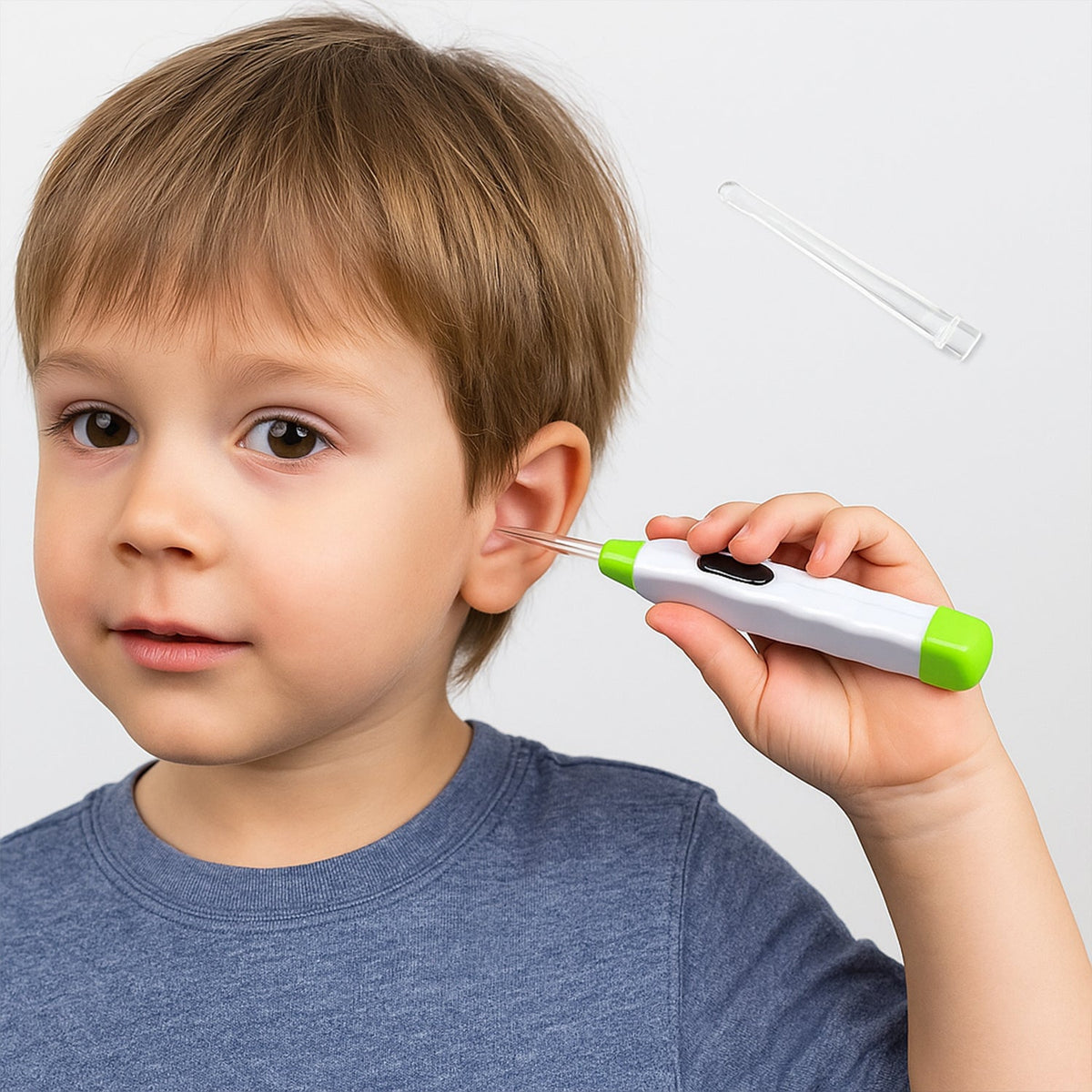 A young boy holds a white and green LED flashlight earpick with a clear tip to his ear, with an extra tip floating above.