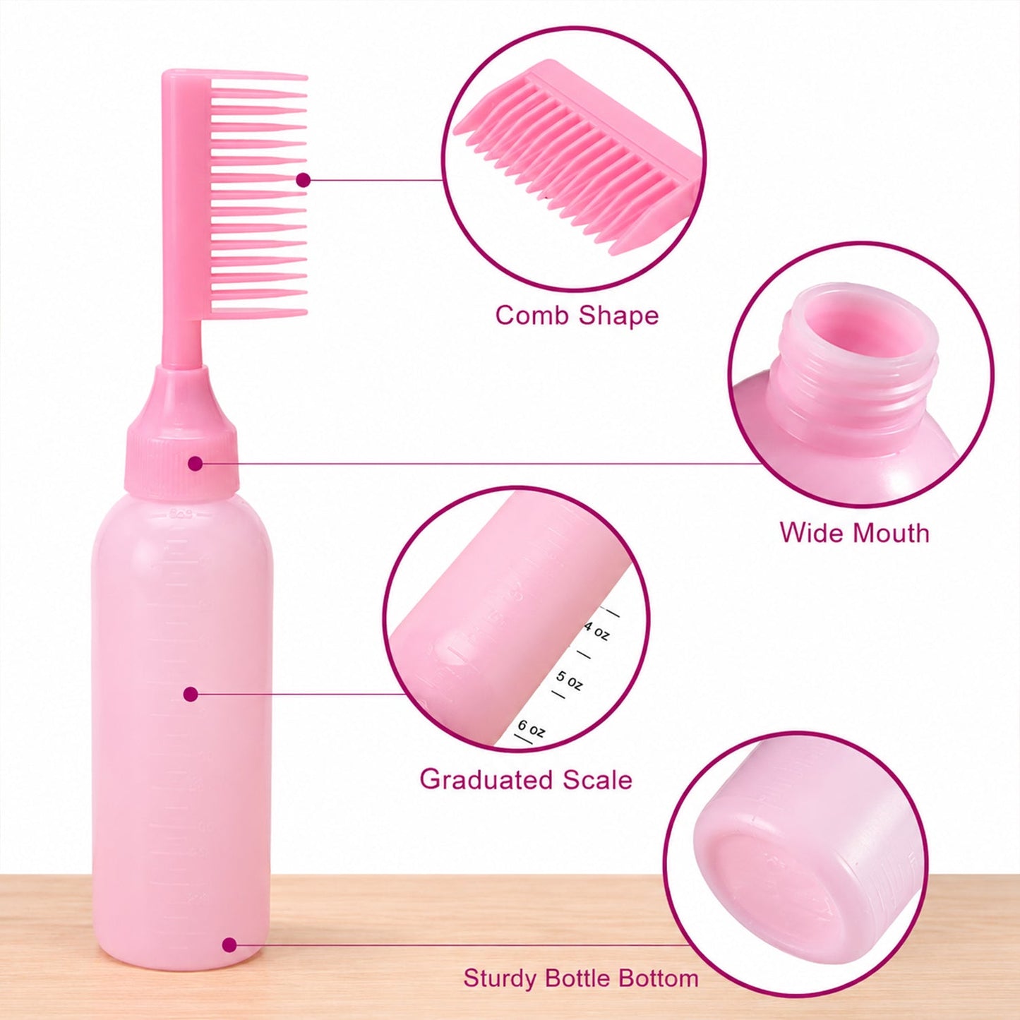 Multiple callouts highlight features of the pink 2 In 1 Hair Oil Applicator Bottle, including the comb shape and wide mouth.