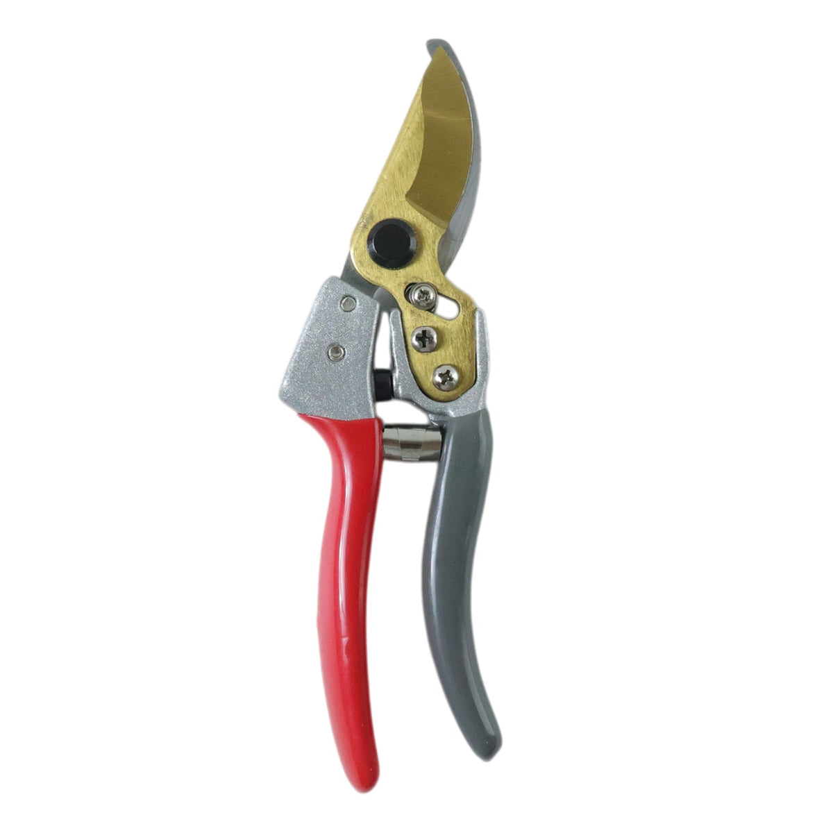 Red and grey garden shears with gold blades shown vertically against a plain white background.