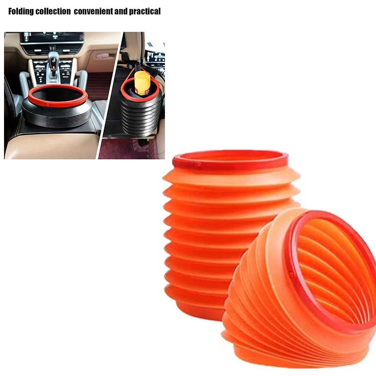 Two orange accordion-style buckets are shown next to insets of them in a car, highlighting their folding convenience.