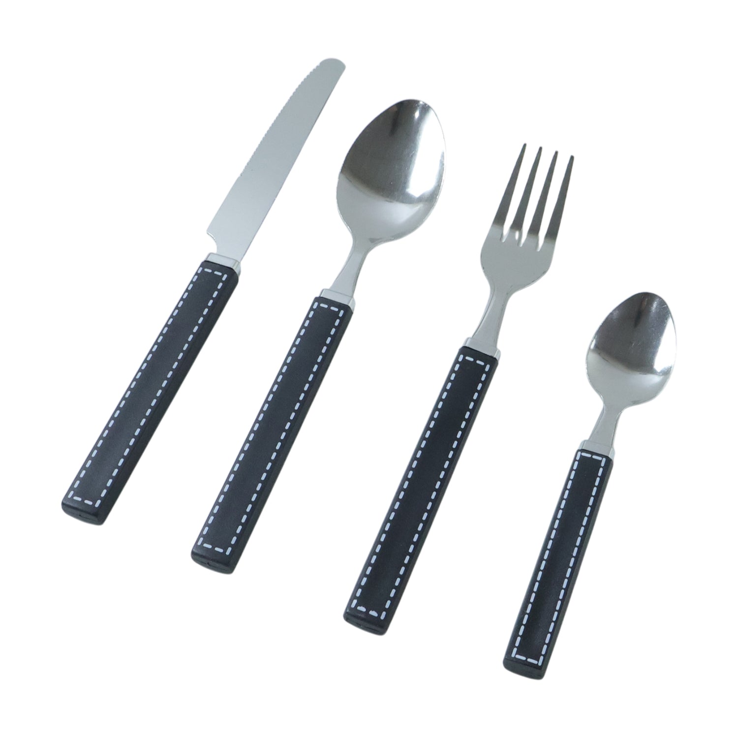 Tableware set featuring polished stainless steel cutlery with grip handles on tray