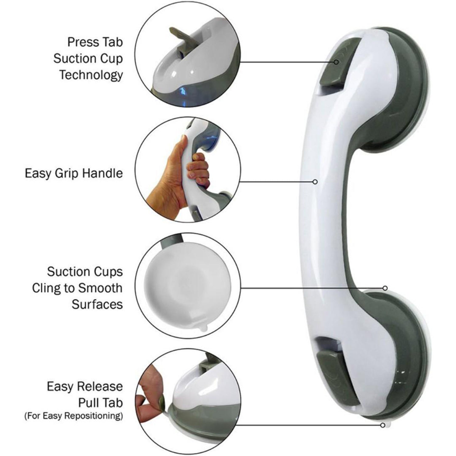 A white and gray suction grip handle is shown with callouts detailing its features like suction cups and grip handle.