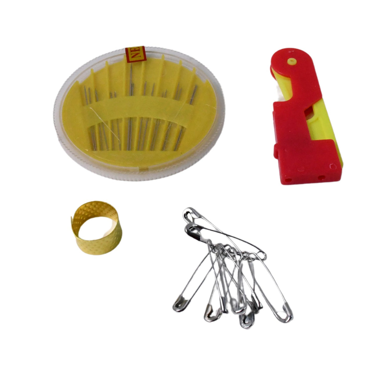 A yellow needle disc, red and yellow needle threader, gold thimble, and silver safety pins on a white background.