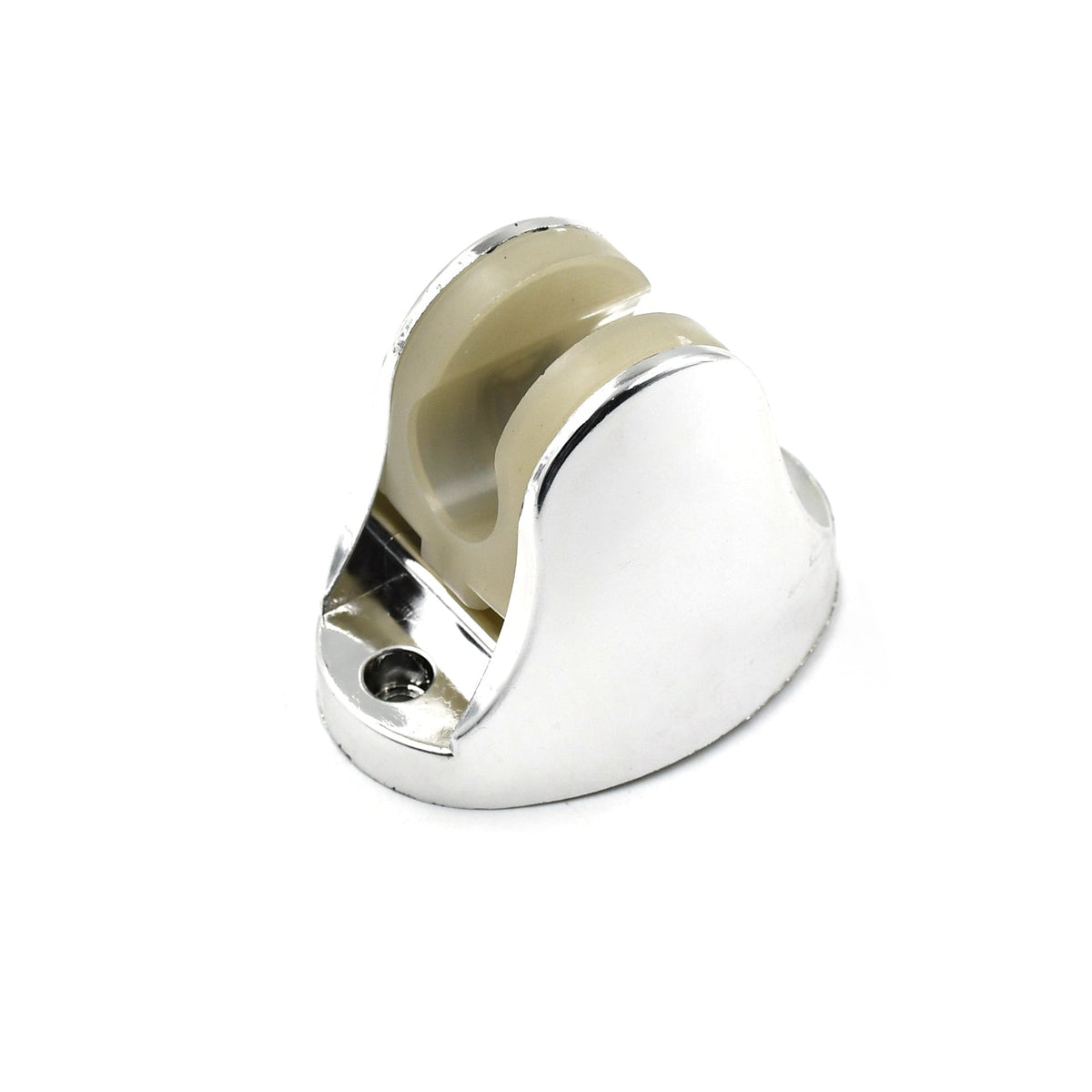 A standalone chrome shower head holder with a beige interior is shown at an angle on a plain white background.