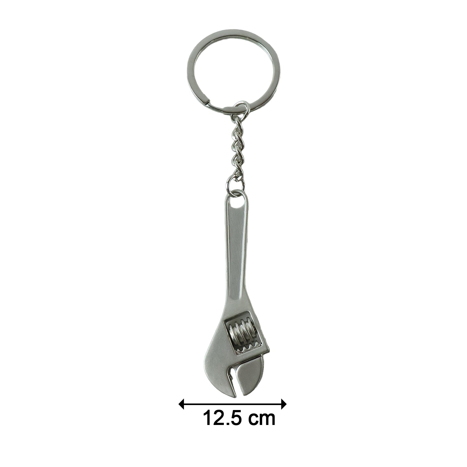 A silver metal mini adjustable wrench keychain with a key ring is shown on a white background with a 12.5 cm measurement.