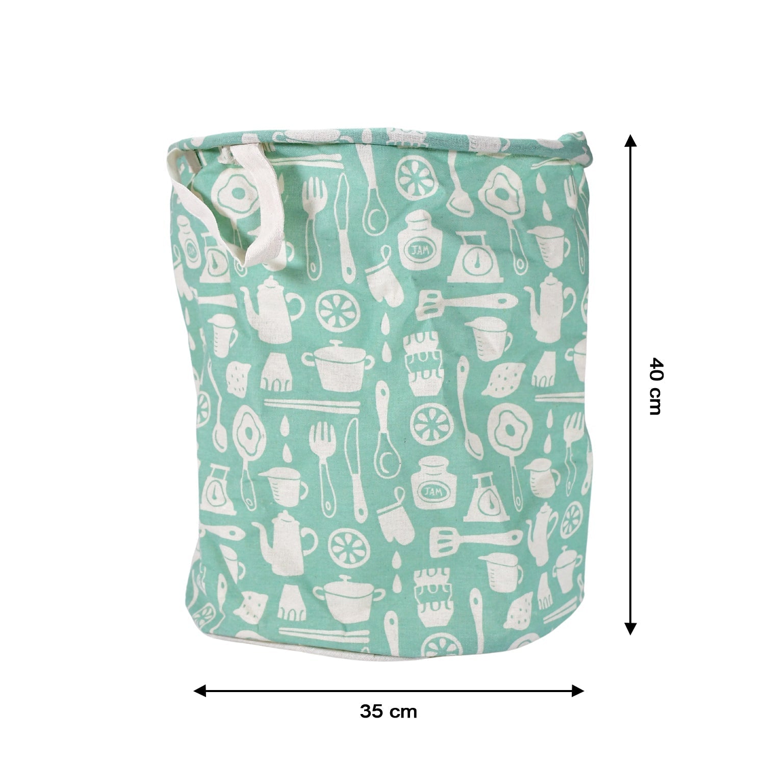 Mint green fabric laundry hamper with white kitchen utensil pattern, showing dimensions of 35cm by 40cm.