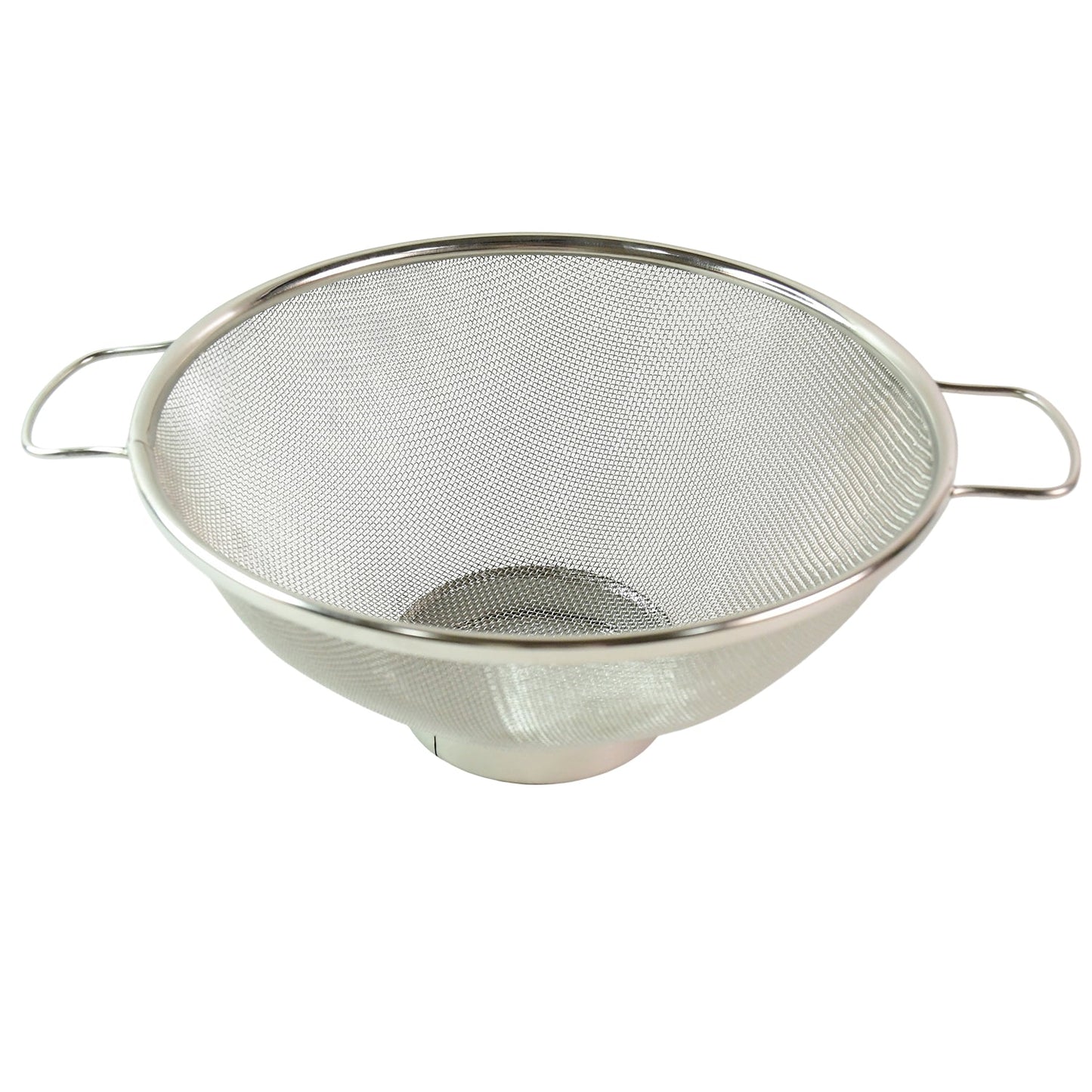 Polished stainless steel mesh colander filled with fresh vegetables for rinsing