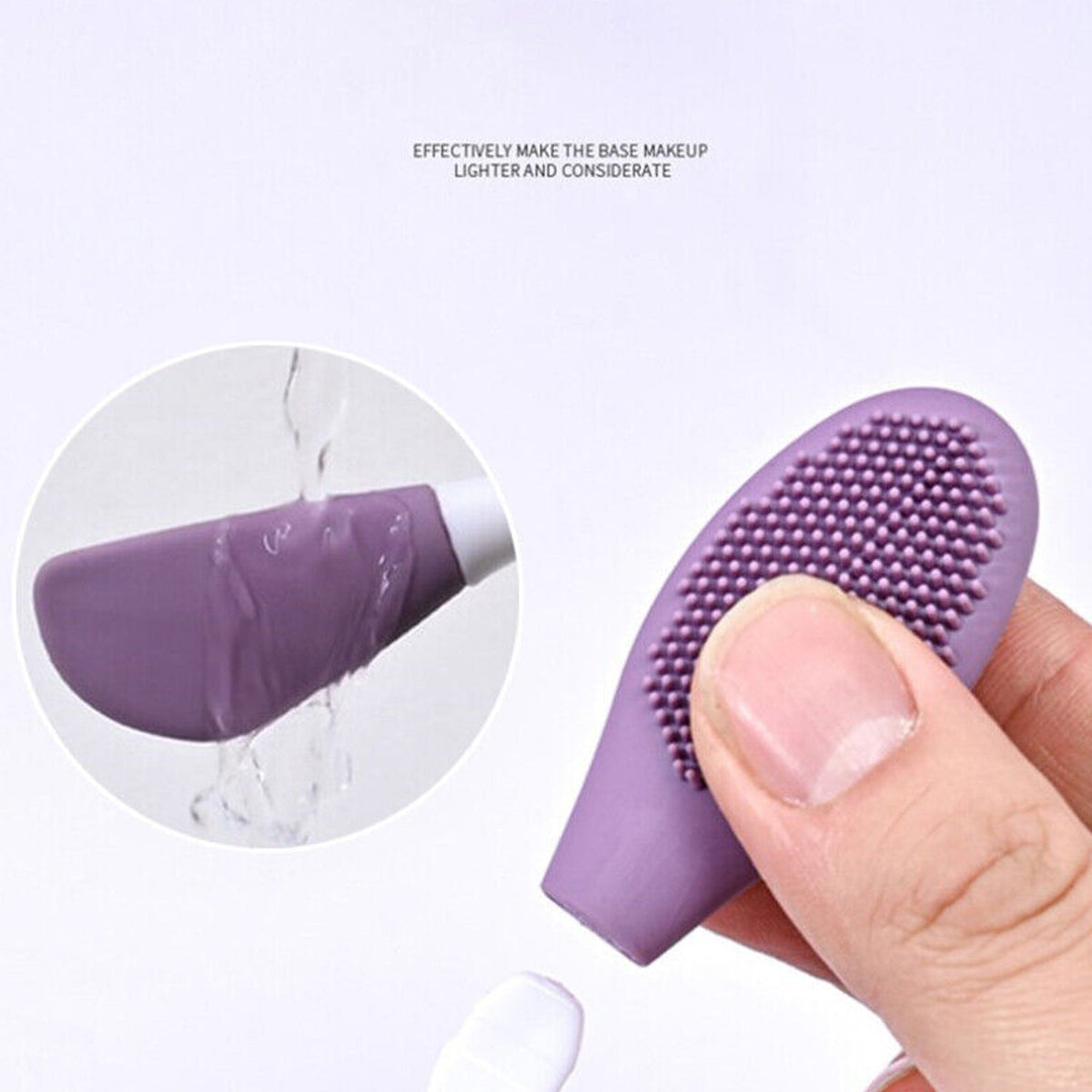 A hand holding the textured end of the purple silicone brush, with an inset showing water rinsing the spatula end.