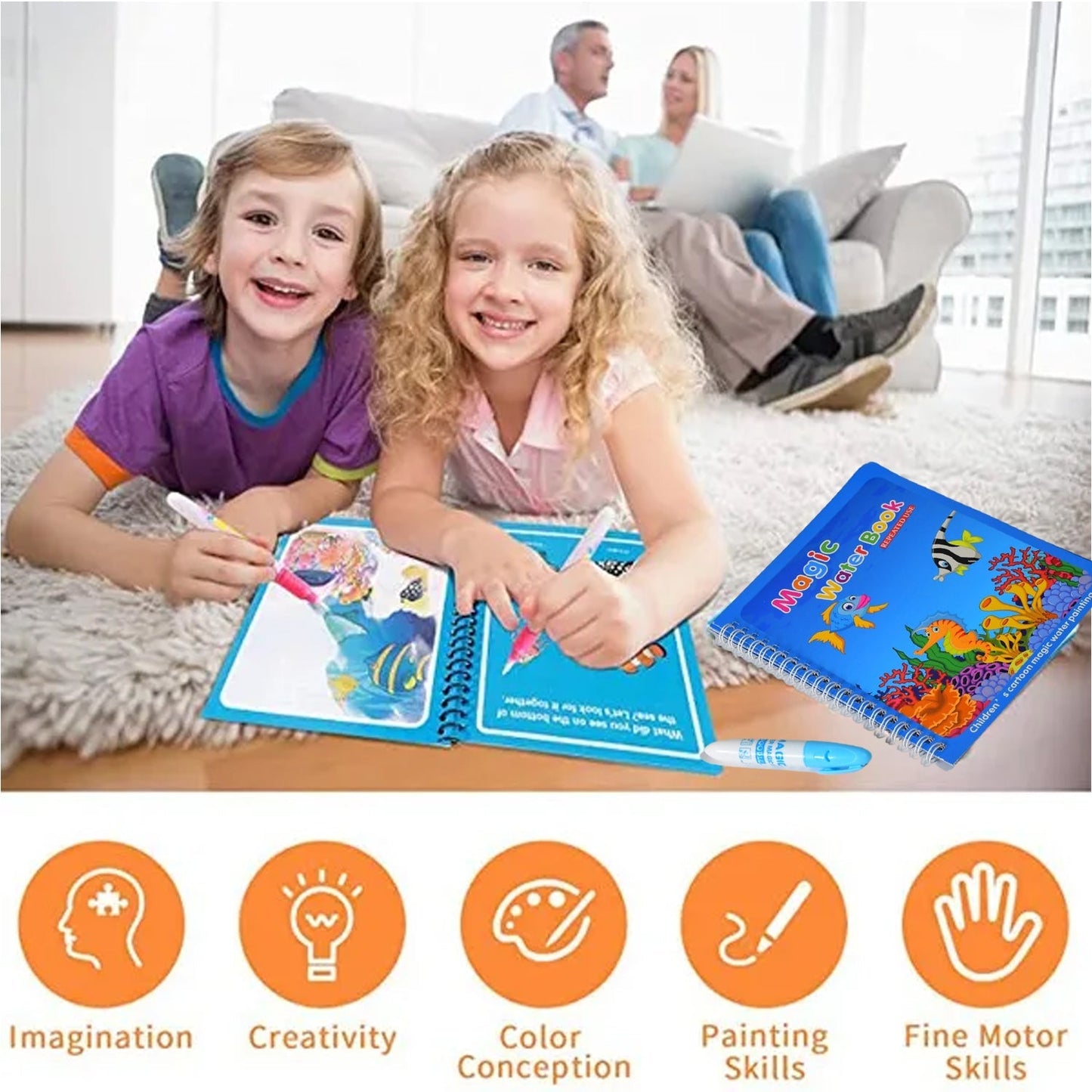 Two smiling children lie on a rug, coloring in water books with pens, while adults sit on a sofa in the background.