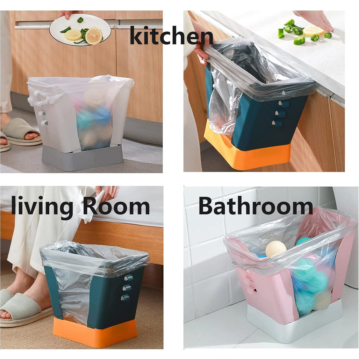 Four scenes show the trash bag holder in a kitchen, living room, and bathroom with different colored bases.
