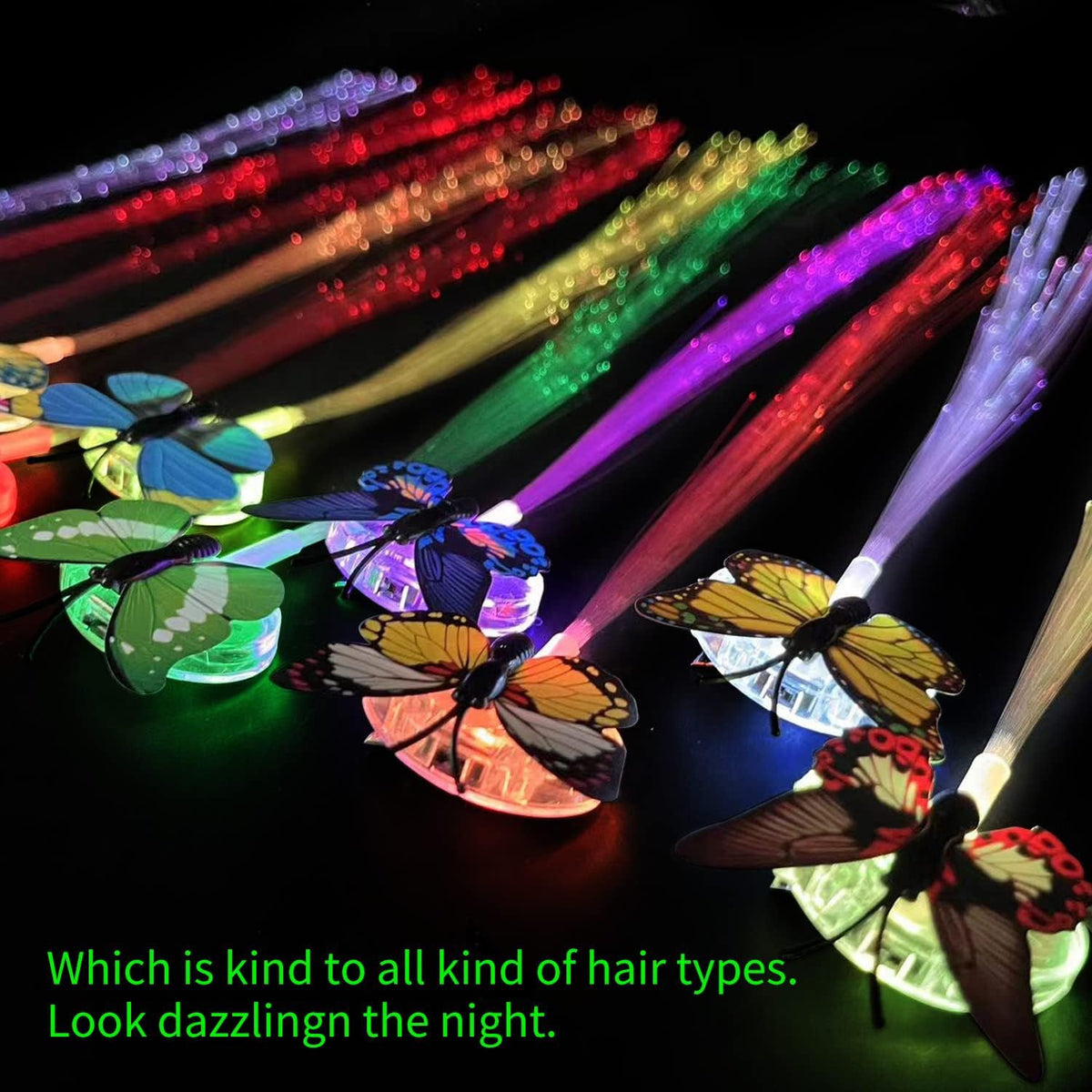 A close-up of various butterfly hair clips with different colored fiber optic strands glowing brightly on a dark surface.