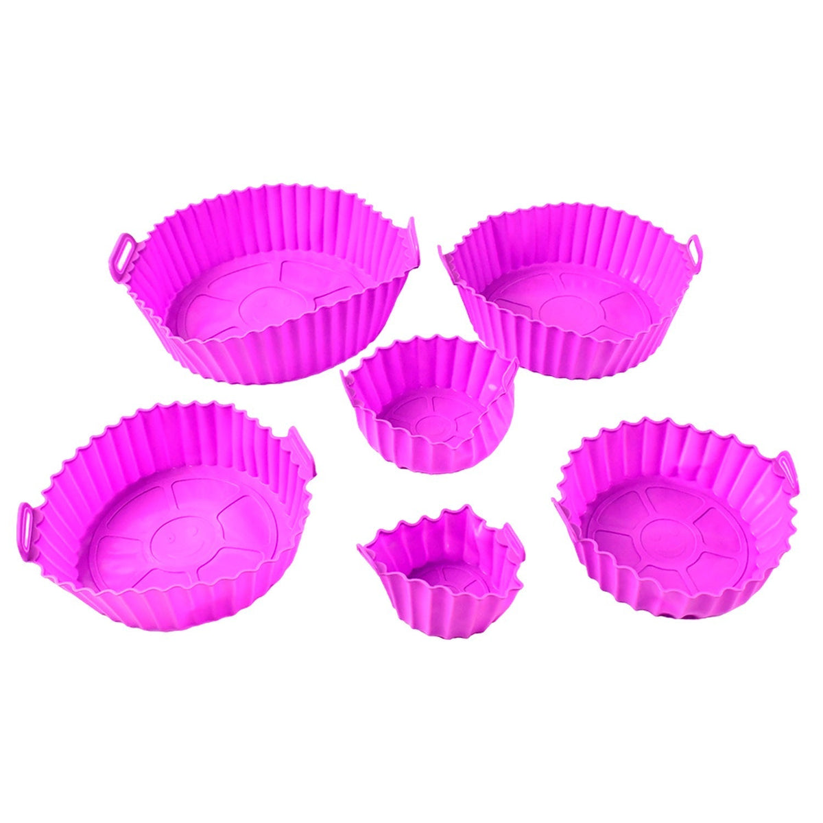 Five purple silicone air fryer pots with handles in various sizes arranged on a white background.