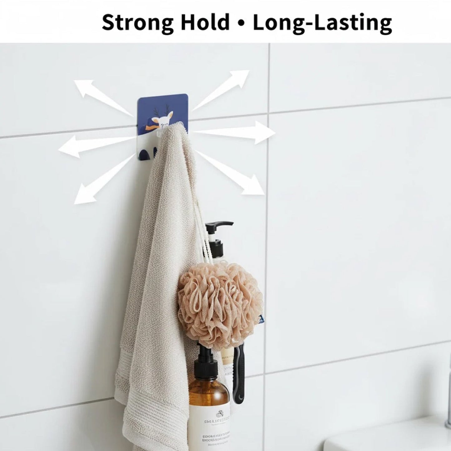 Step-by-step installation of self-adhesive wall hook for hanging towel