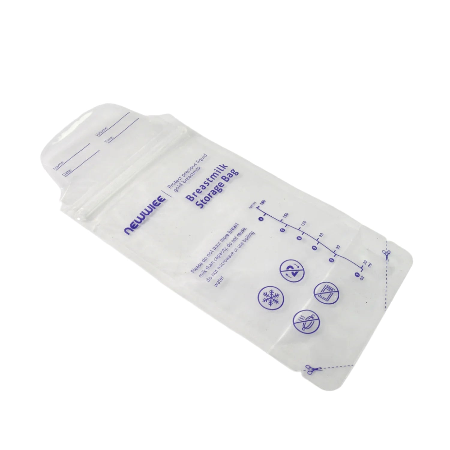 A single clear breastmilk storage bag with blue text and measurement markings on a white background.