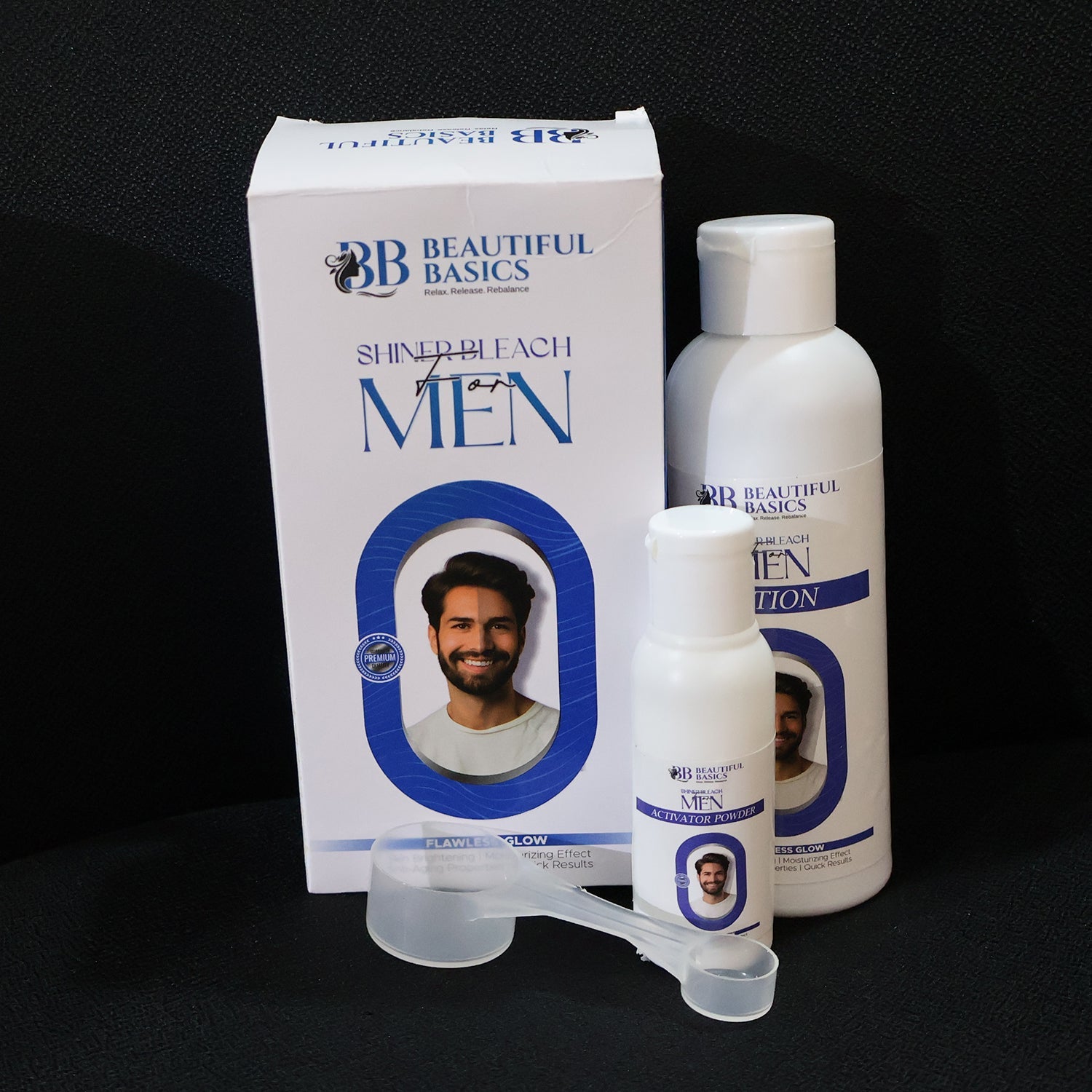 Measuring spoon used for accurate application of men's bleach facial hair lightening kit.