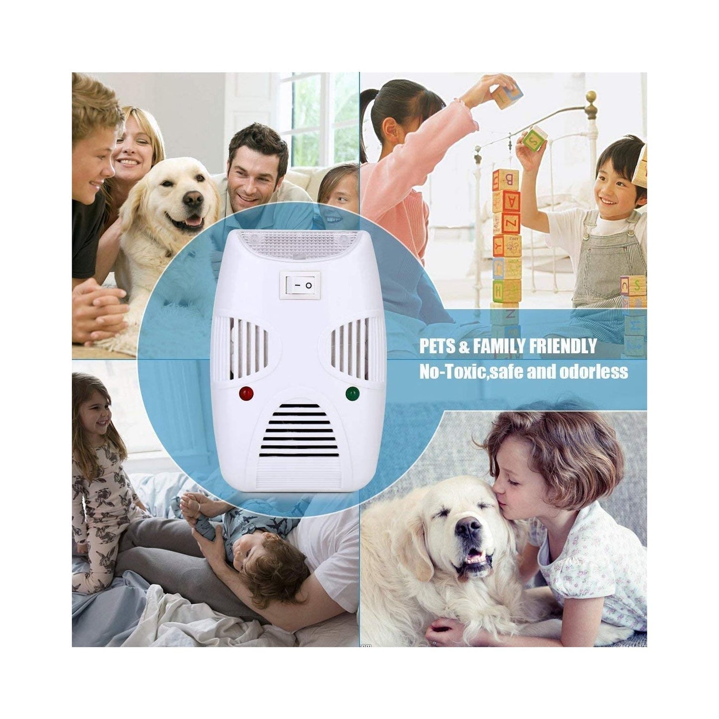 A white pest repeller is centered among four circular images of happy families with children and dogs, labeled "Pets &