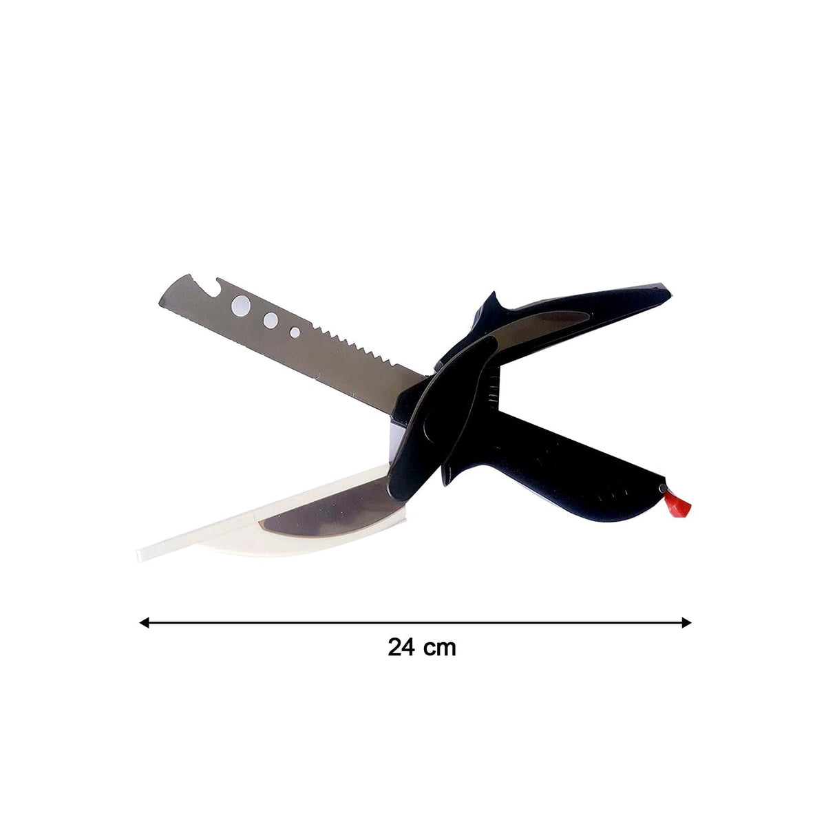 A black and white clever cutter is displayed on a white background, with a measurement of 24 cm indicated below it.