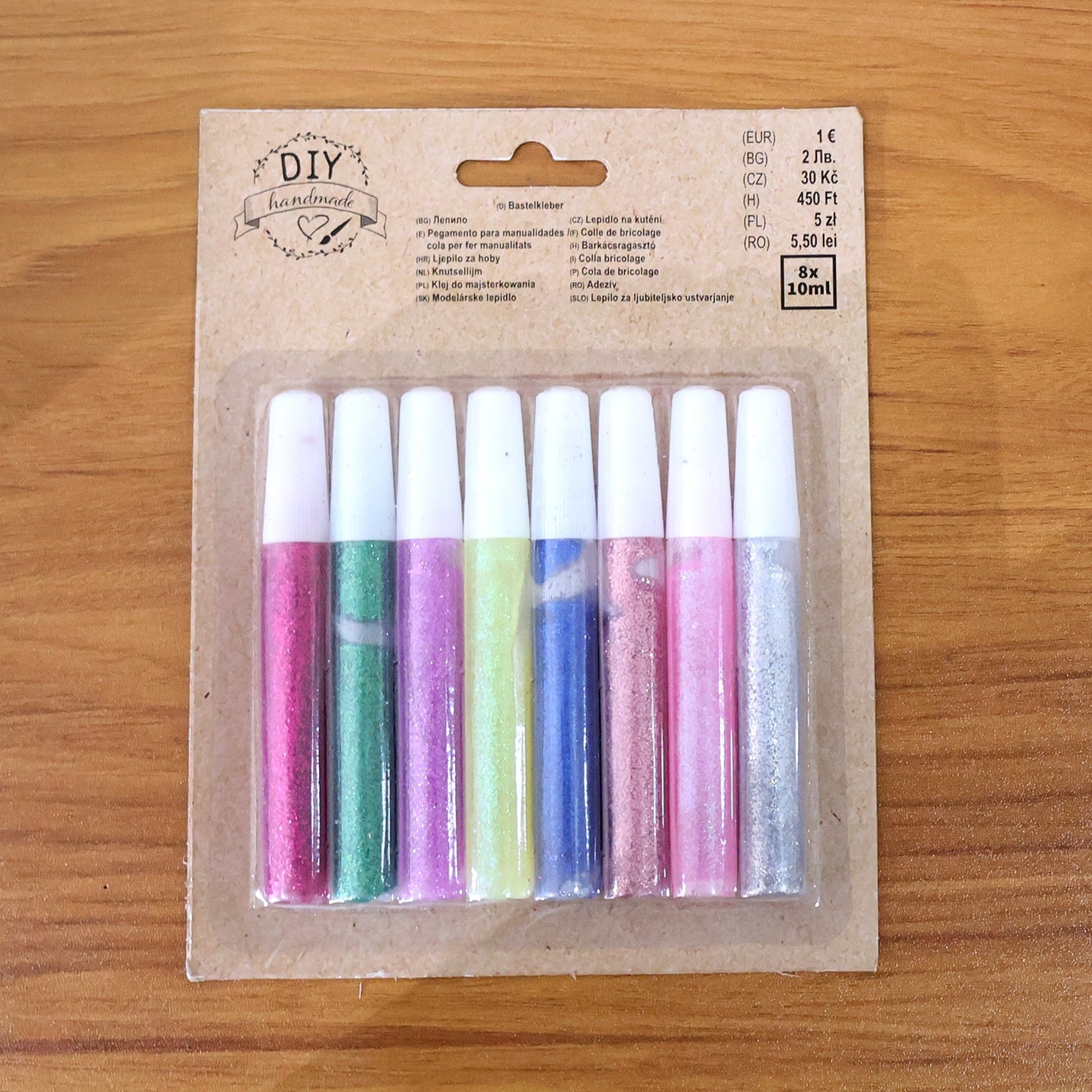 Eight-piece glitter craft glue pen set in assorted colors