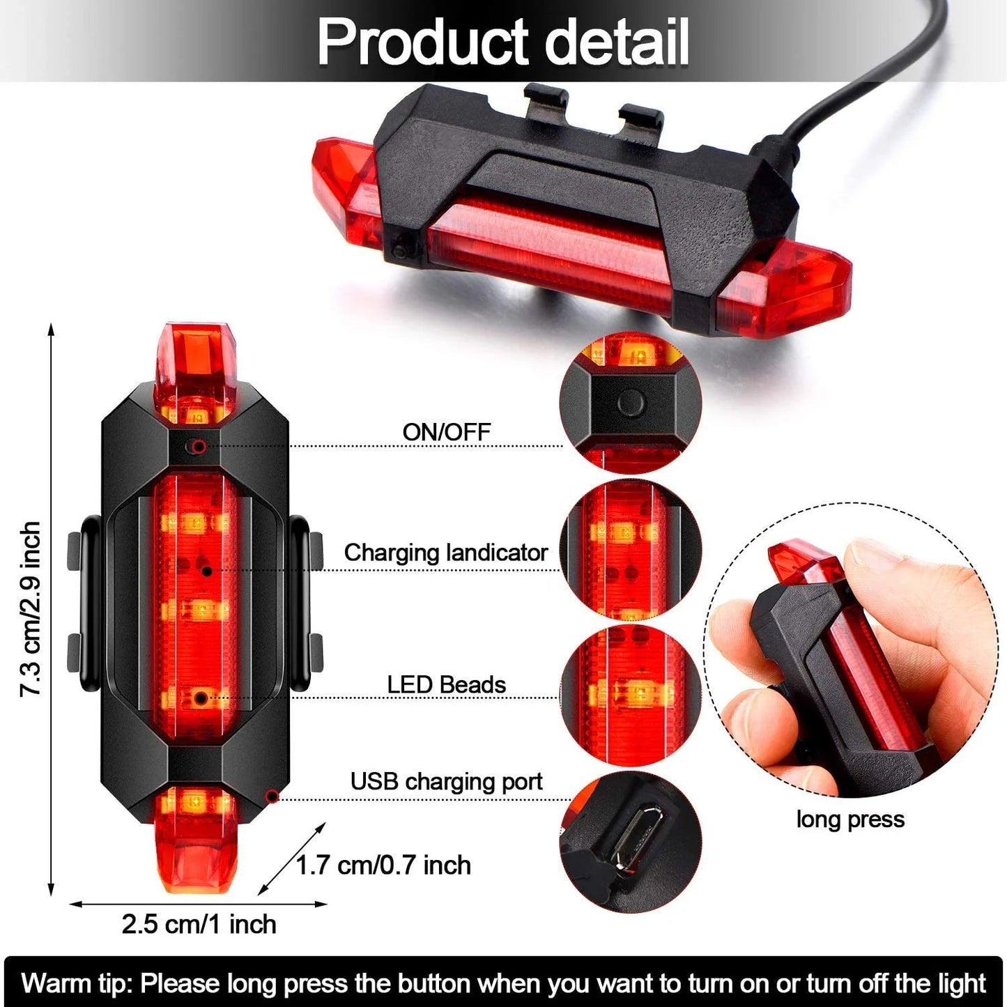 Detailed view of a red LED bicycle tail light with dimensions and labels for its components like the USB charging port and