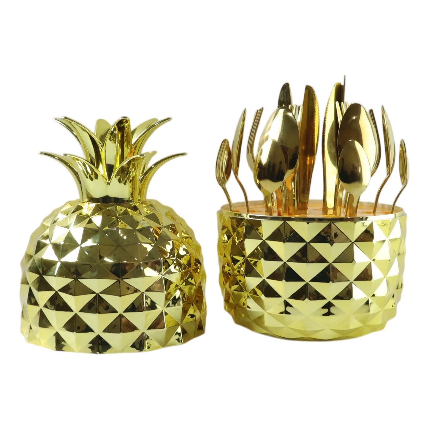 Close-up view of the pineapple stand holding gold stainless steel cutlery