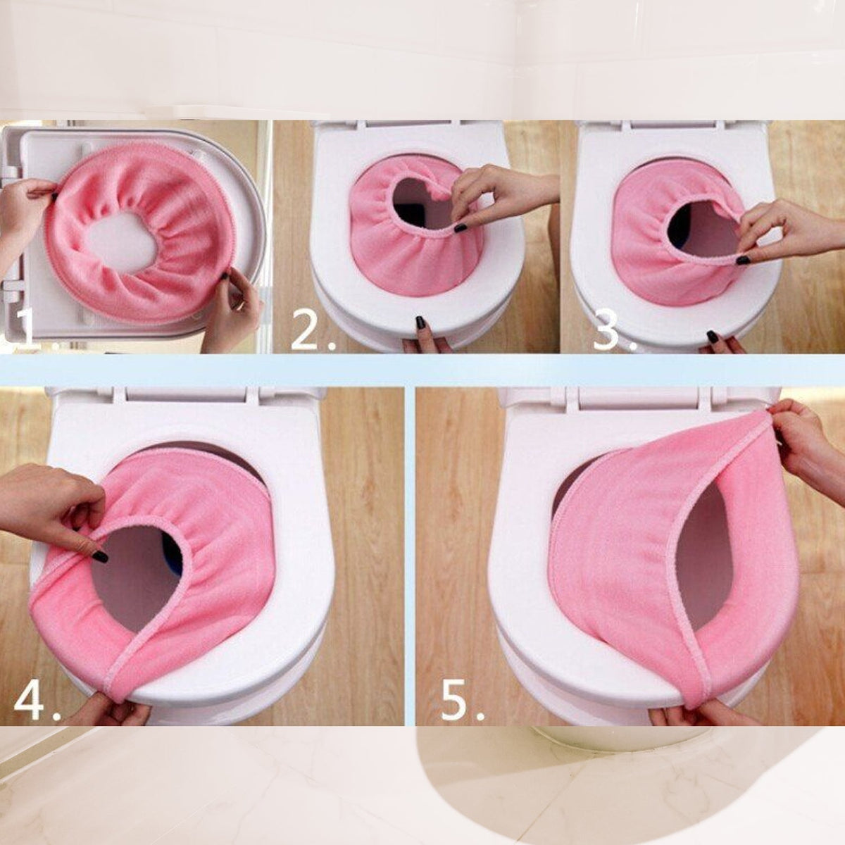 A five-panel image illustrating the detailed steps of placing a pink soft fabric toilet seat cover on a toilet.