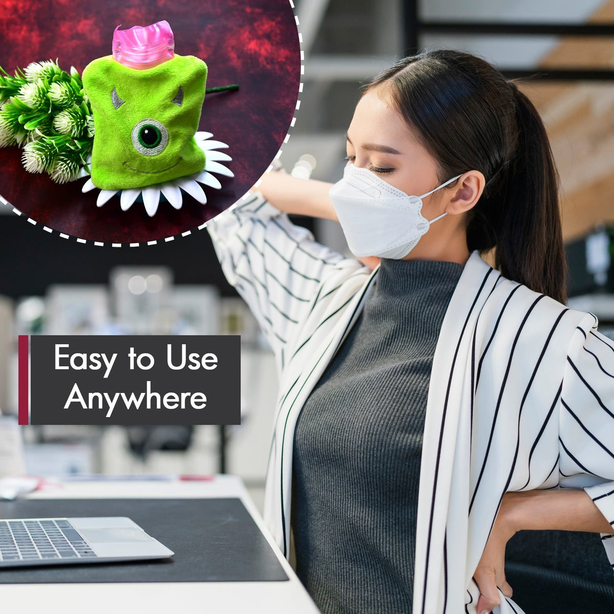 A woman in a white mask and striped jacket sits at a desk, with an inset of the green monster hot water bag.