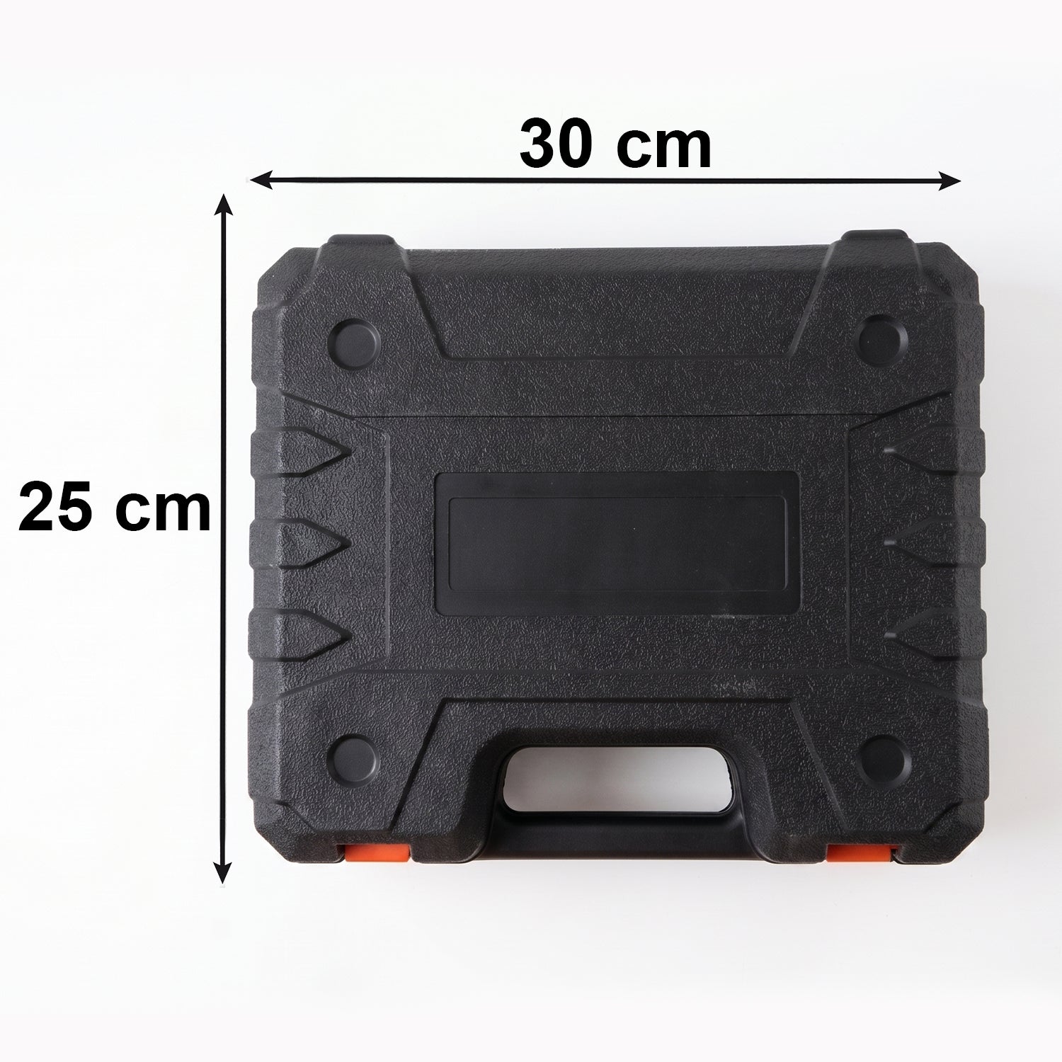 A closed black plastic carrying case with orange latches, displaying dimensions of 30 cm by 25 cm.