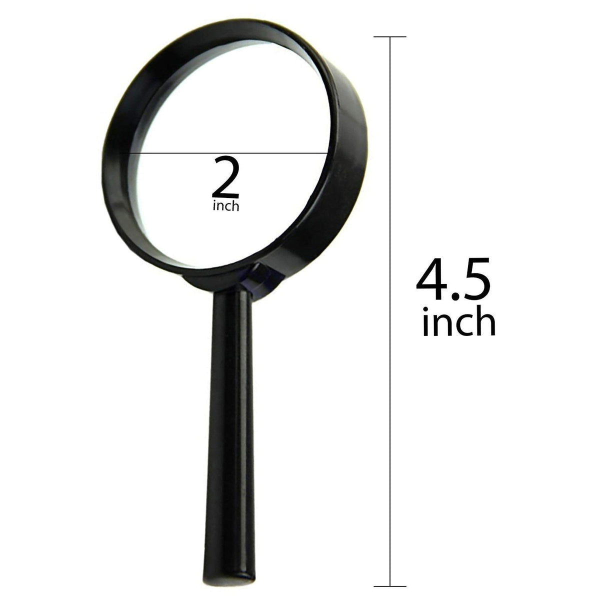 A black magnifying glass is displayed with its dimensions, showing a 2-inch lens and a 4.5-inch total length.