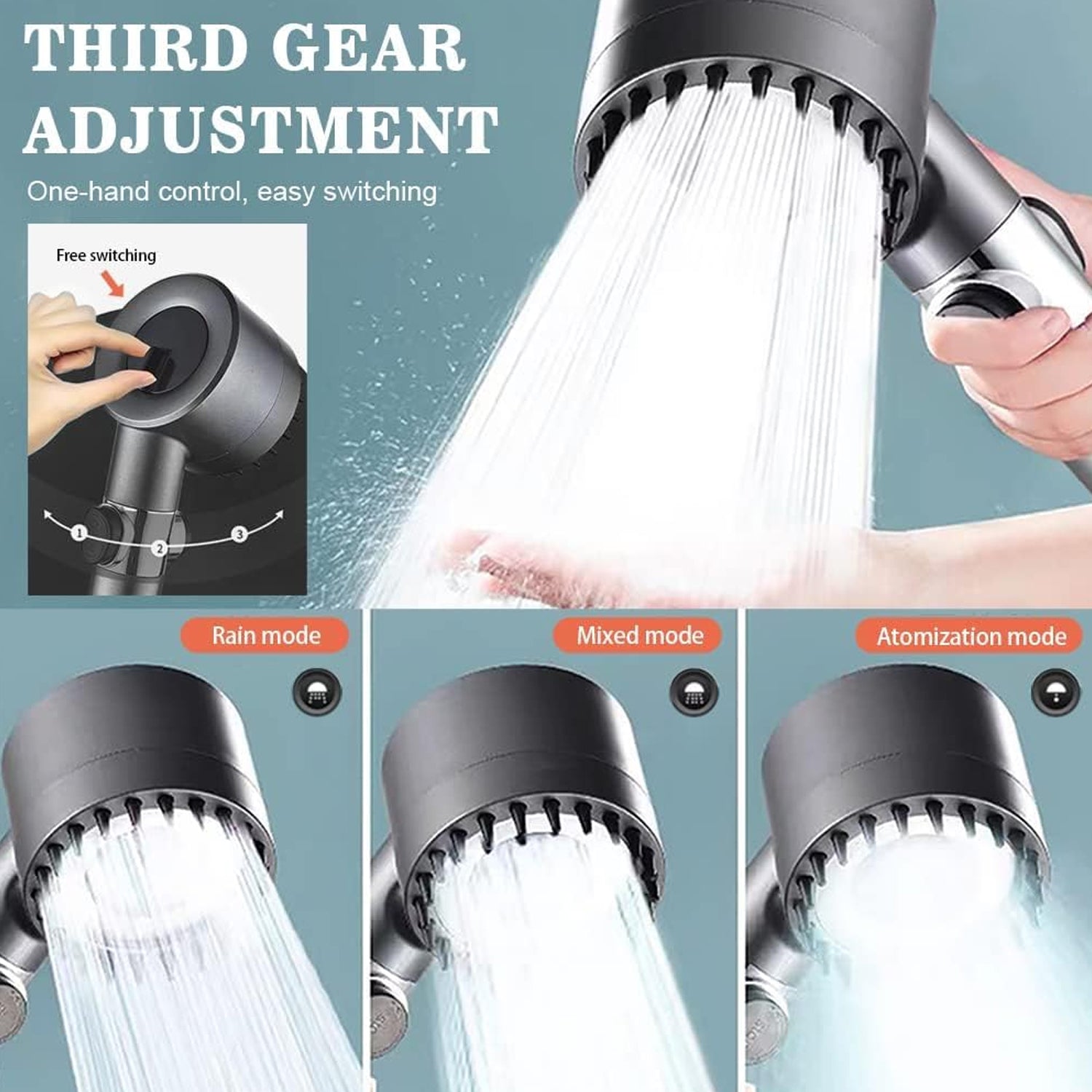 A graphic showing the shower head's three modes: Rain, Mixed, and Atomization, with water spraying from each.