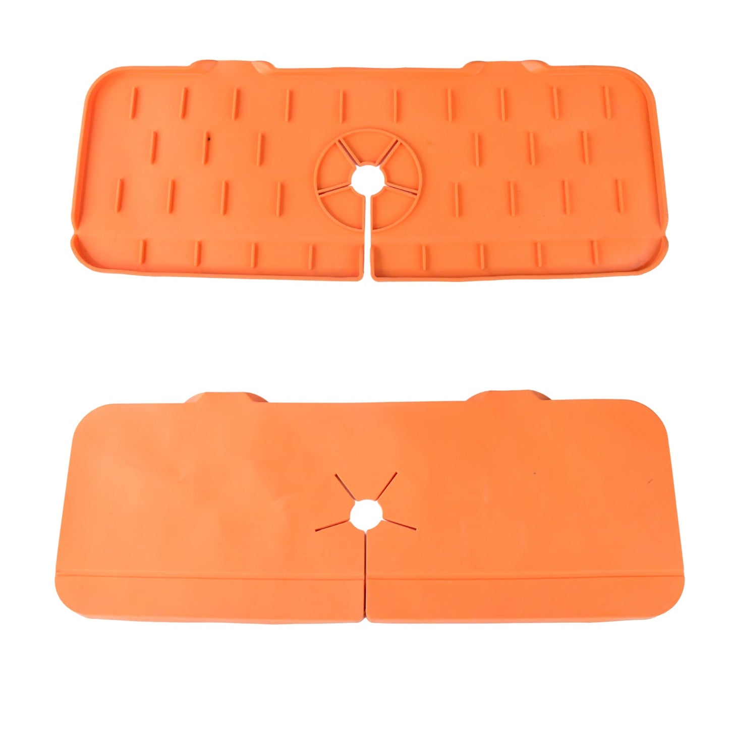 Two orange silicone faucet splash guards, one with a textured surface and one smooth, on a white background.