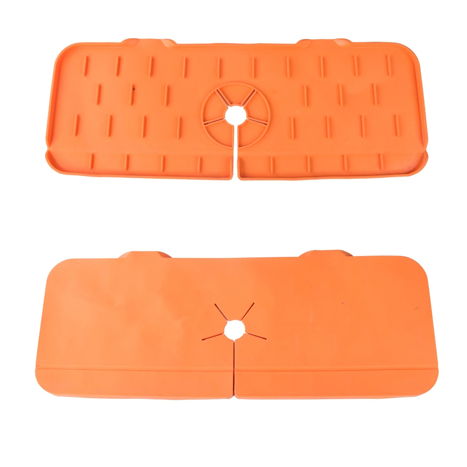 Two orange silicone faucet splash guards, one with a textured surface and one smooth, on a white background.